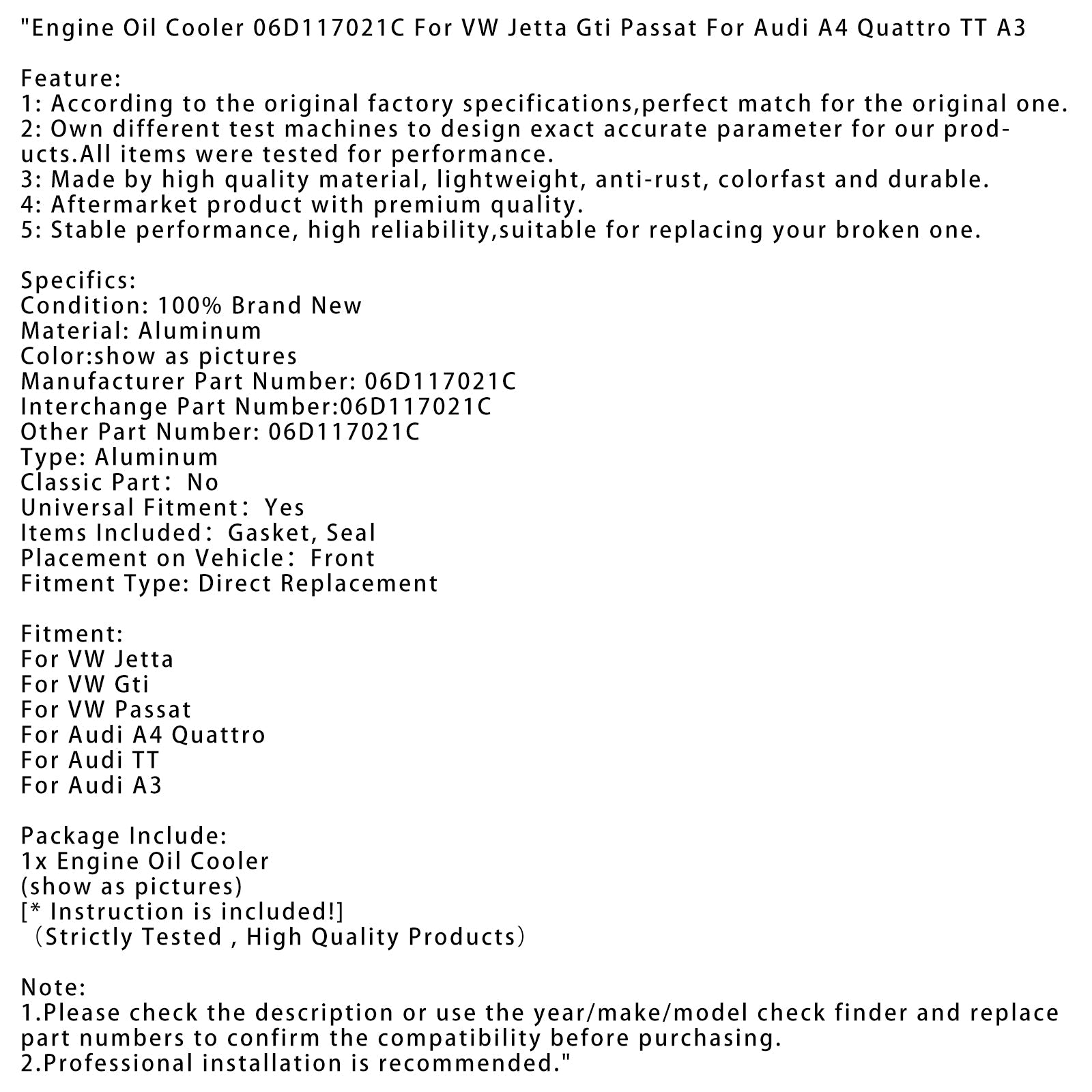Motoroliekoeler 06D117021C voor VW Jetta GTI Passat voor Audi A4 Quattro TT A3