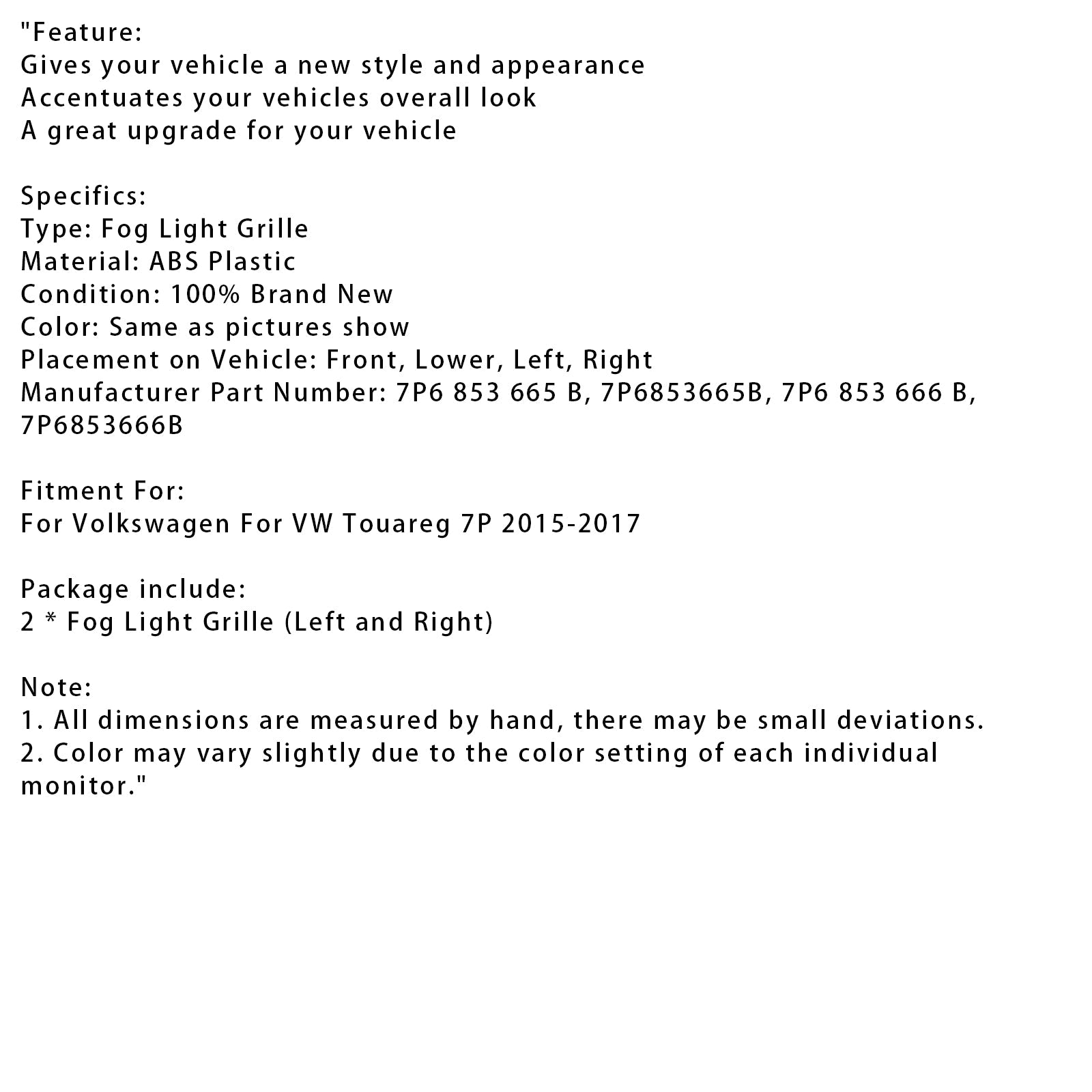 Lower beschermend rooster voor mistlichten vooraan vóór Volkswagen VW Touareg 7p 2015-2017, 2 stuks