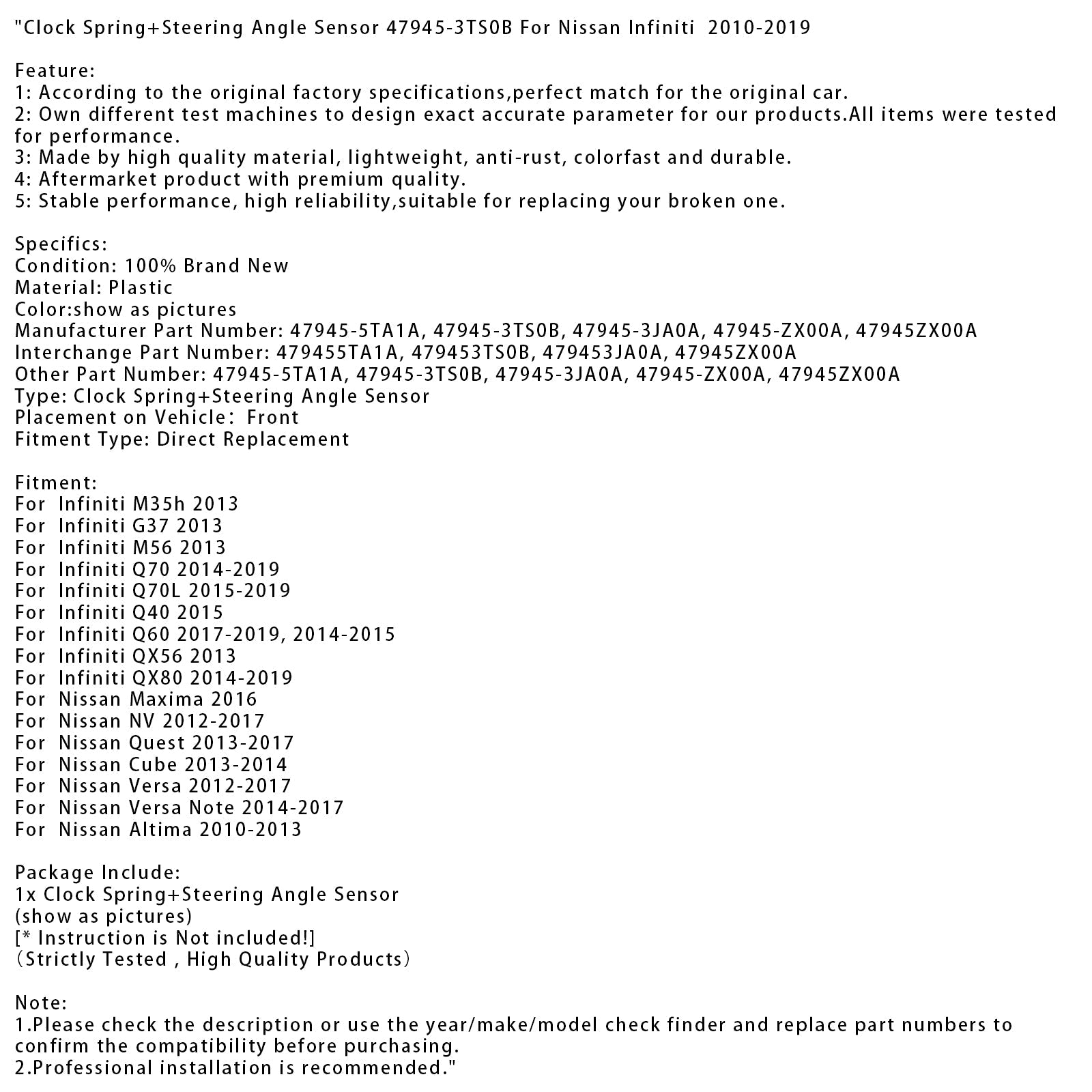 Terugtrekveer en stuurhoeksensor voor Nissan Cube 2013-2014 (referenties : 47945-3TS0B en 47945-5TA1A)
