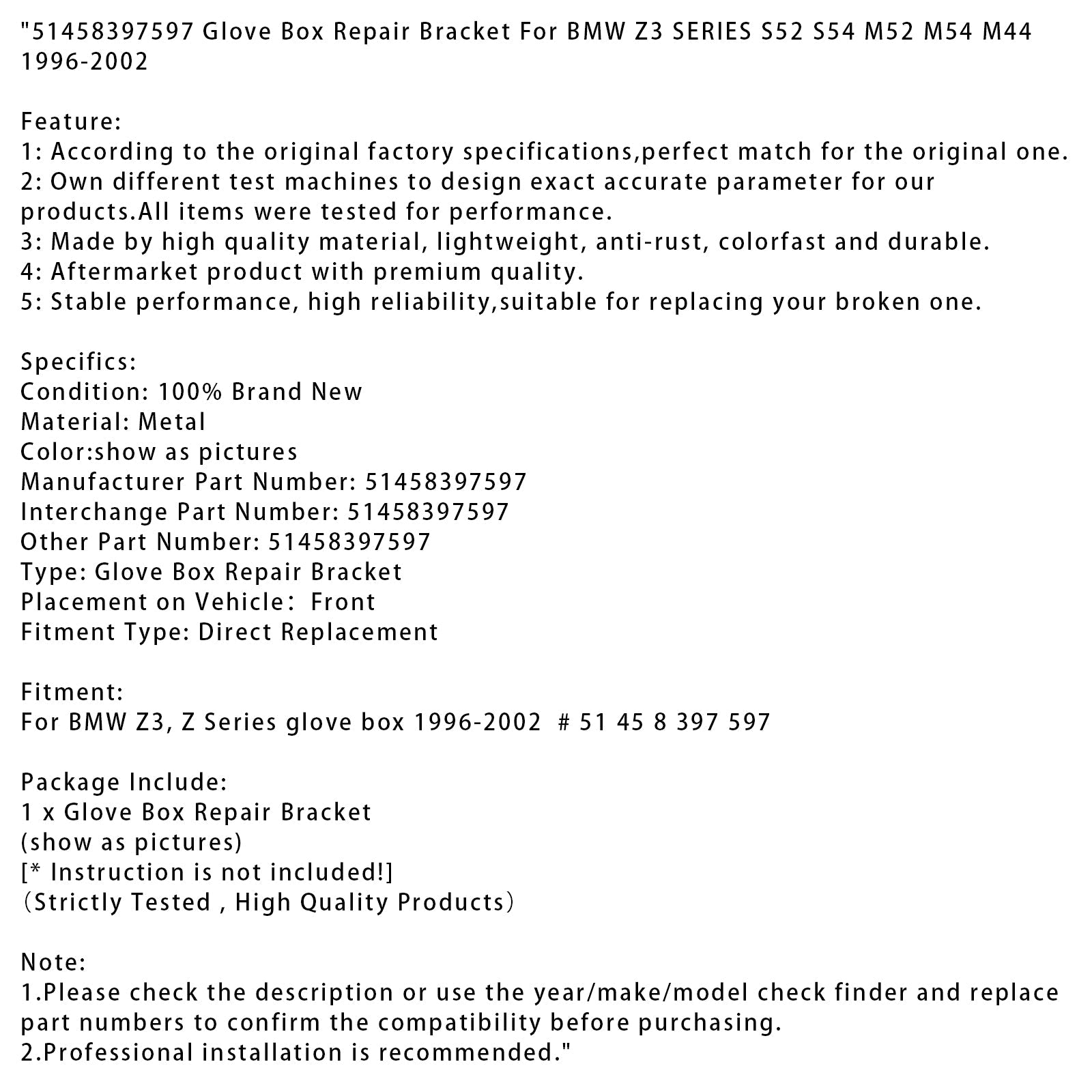 Support de réparation de boîte à gants pour BMW Série Z3 S52 S54 M52 M54 M44 1996-2002 51458397597
