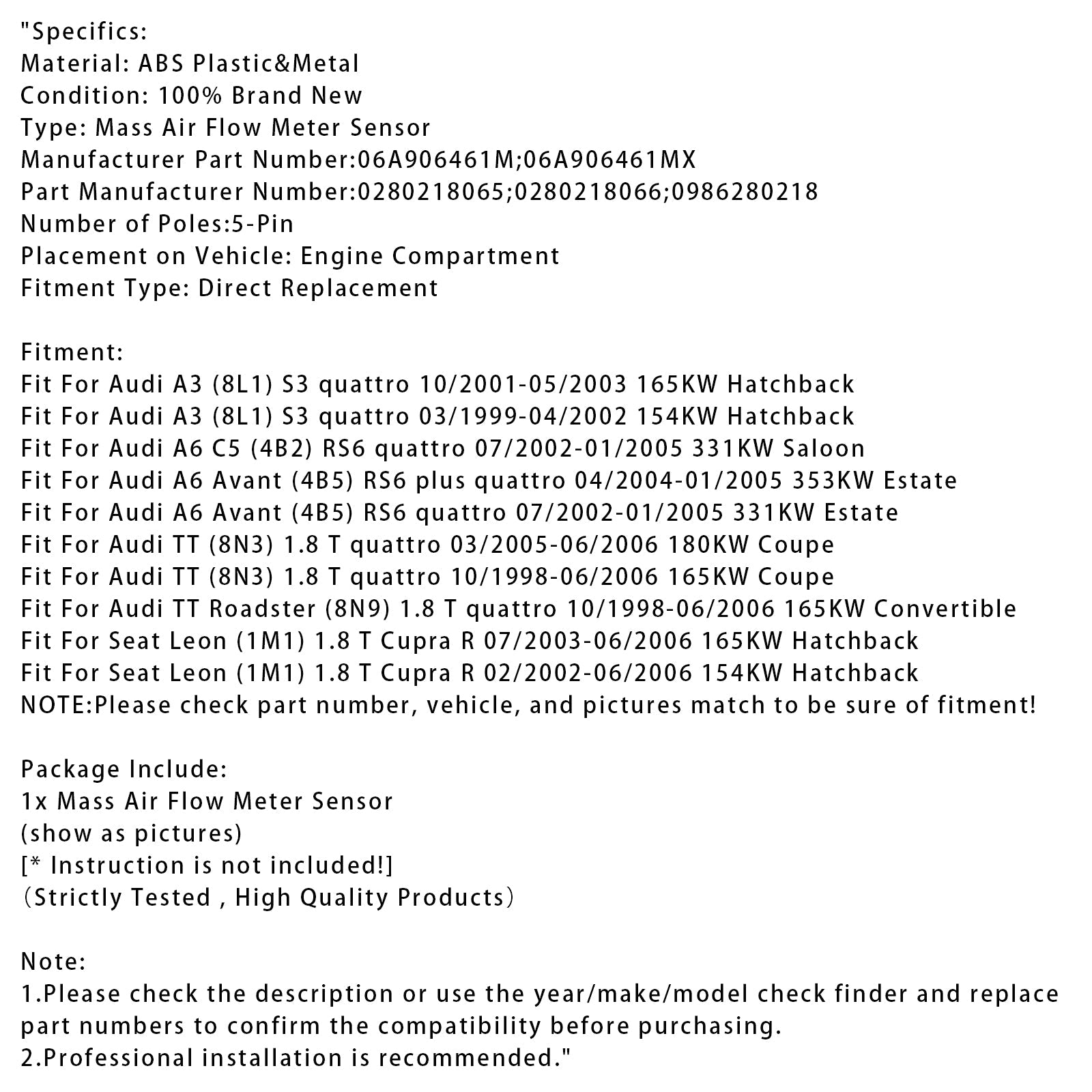 Senzor merilnika pretoka d'zračna masa za Audi TT RS6 Avant Leon 0280218065