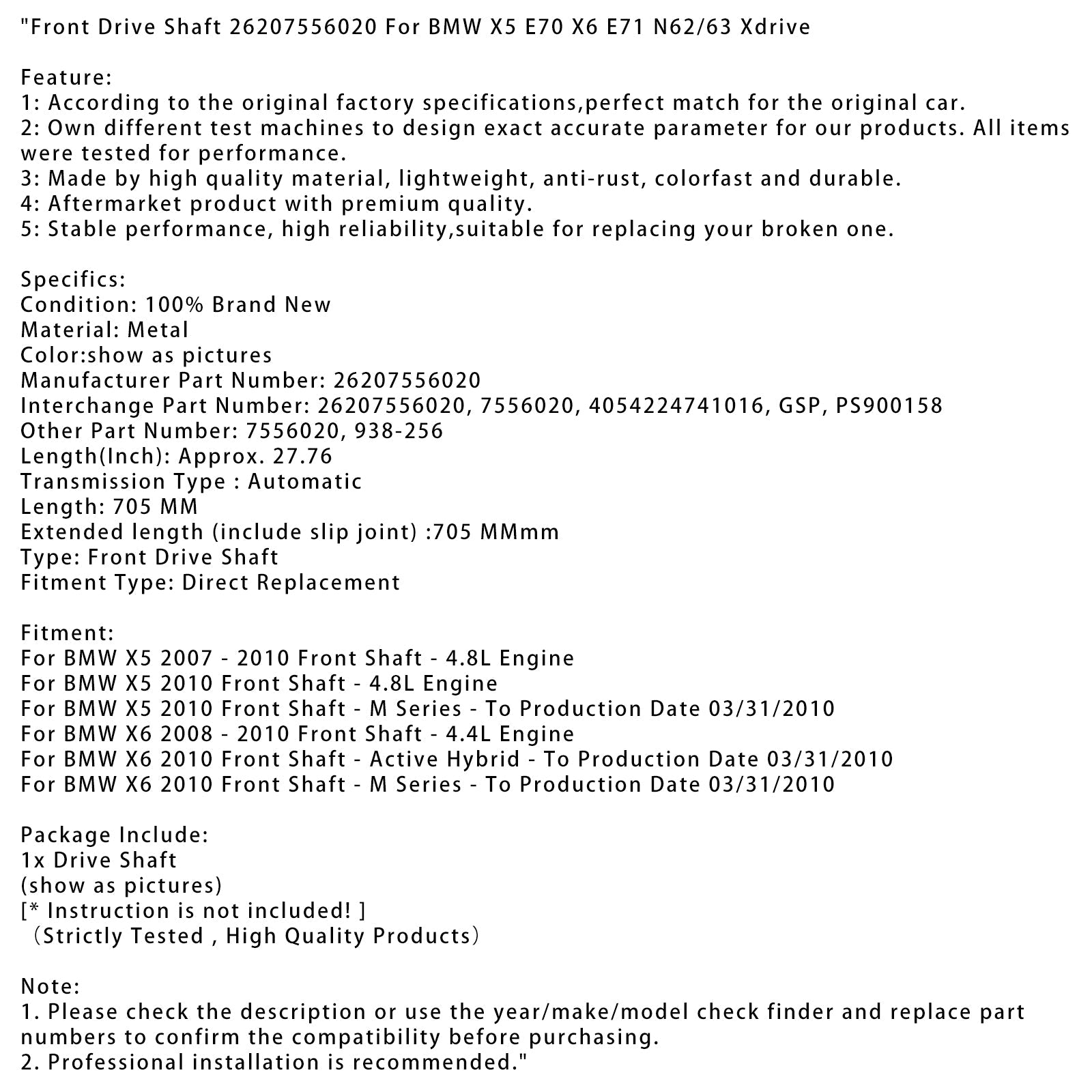 Lähetyspuu ennen 26207556020 BMW X5 E70 X6 E71 N62/63 XDRIVE