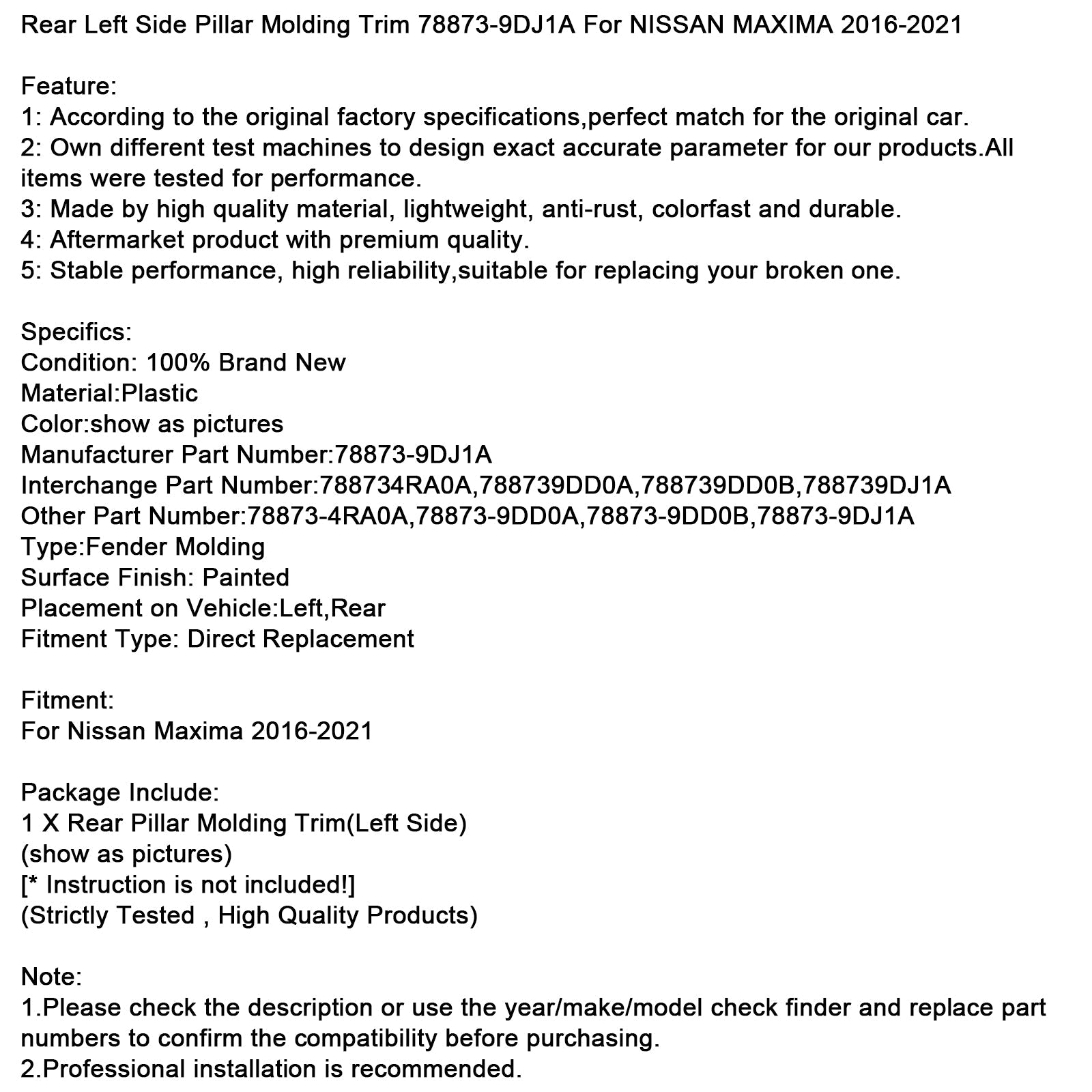 Sierlijst linksachter voor Nissan Maxima 2016-2021, onderdeelnummer 78873-9DJ1A