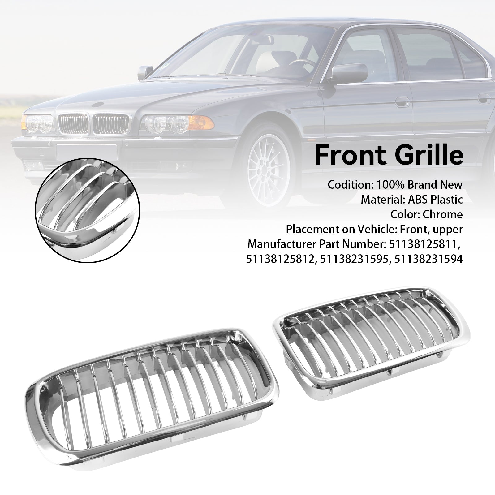 2PCS Chrome Front Kidney Grill Grille Pour BMW 7 Series E38 1994-2001