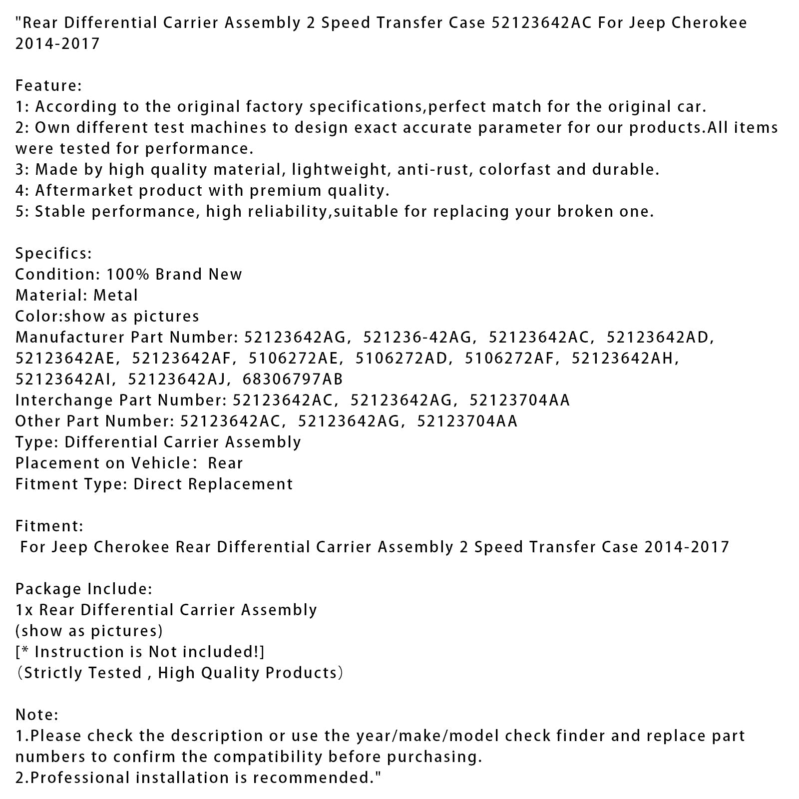 Ripartitore di coppia a due velocità con differenziale posteriore per Jeep Cherokee (2014-2017).