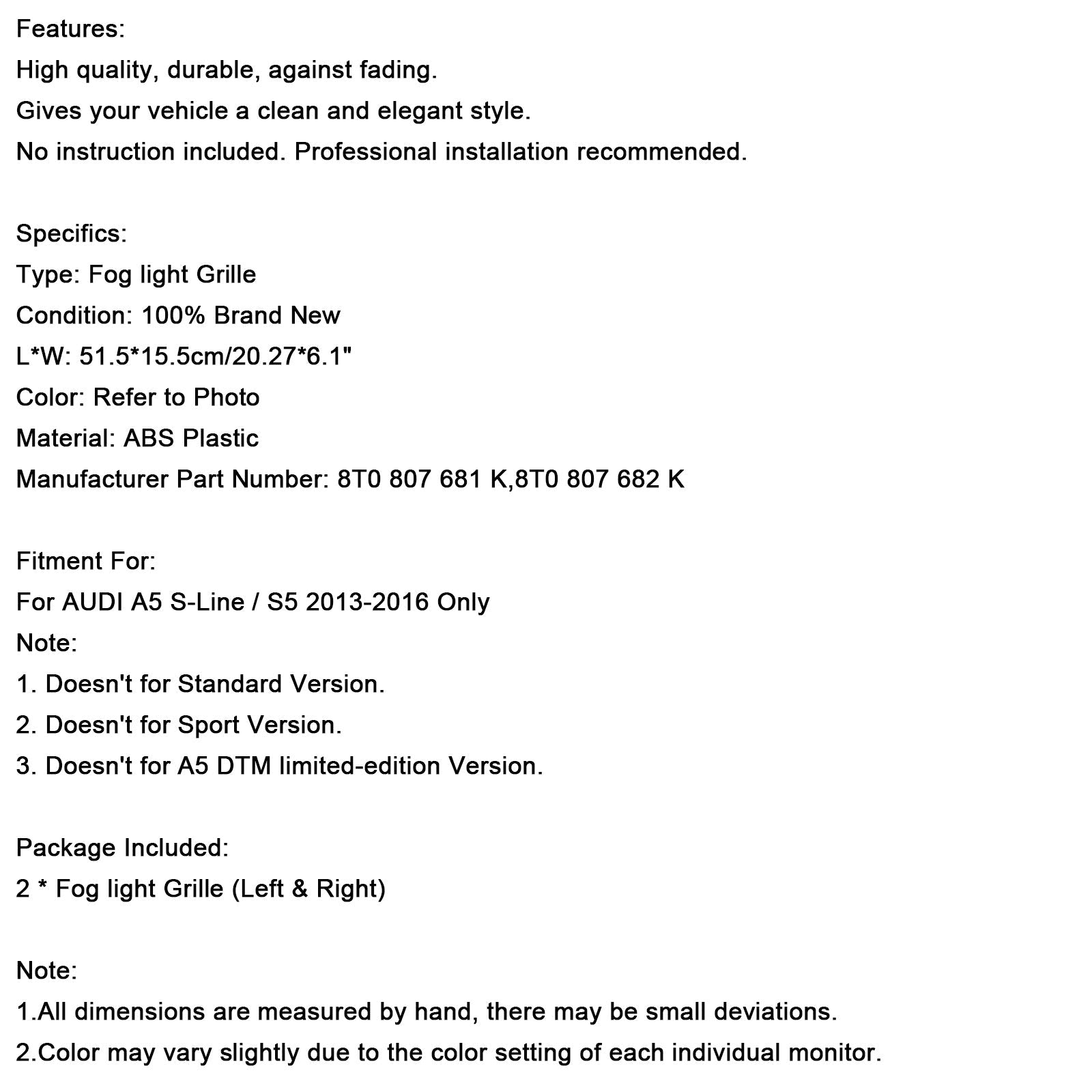 Zwarte grille voor mistlichten vóór Audi A5 S-Line S5 2013-2016