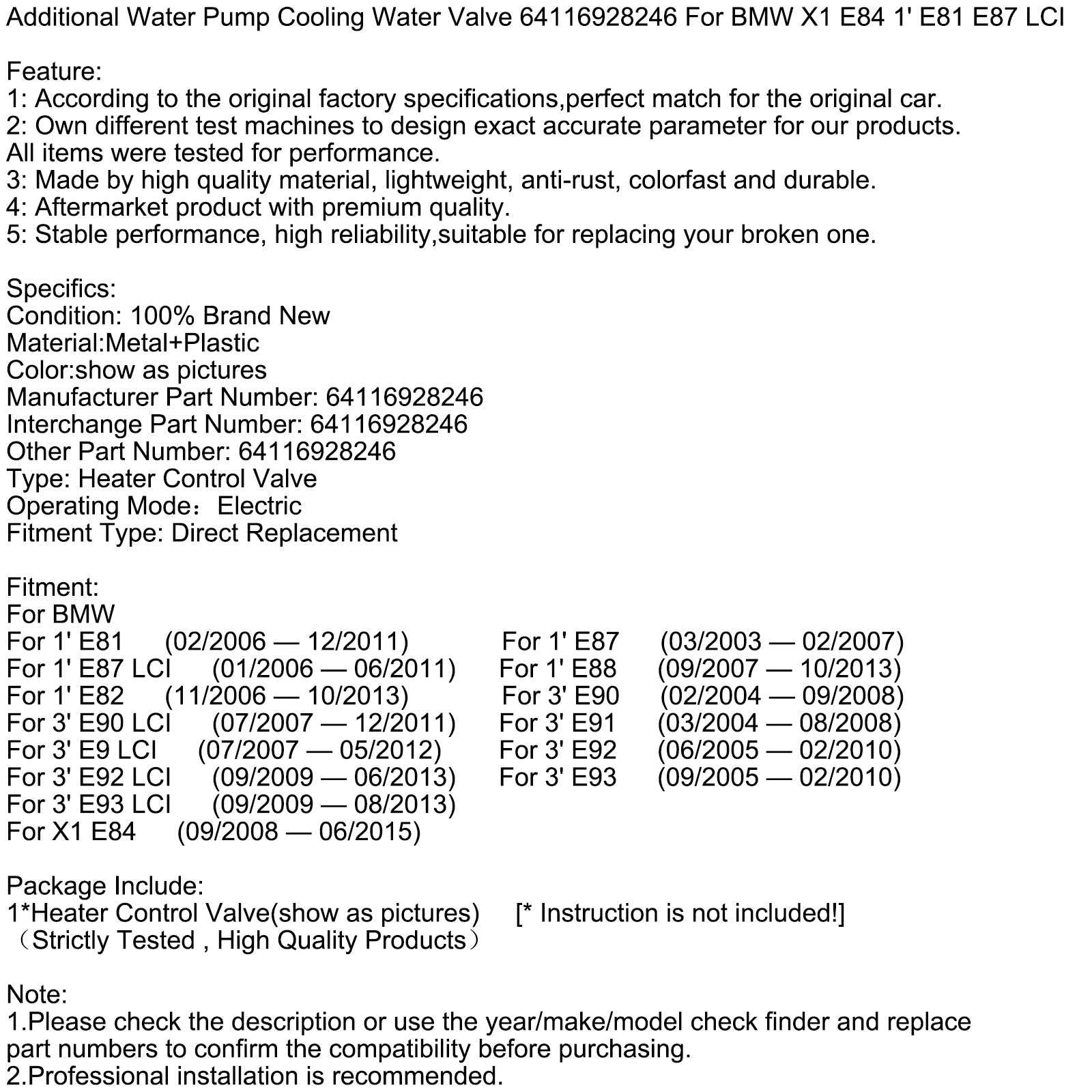 Vanne de refroidissement de pompe à eau supplémentaire 64116928246 pour BMW X1 E84 1' E81 E87 LCI