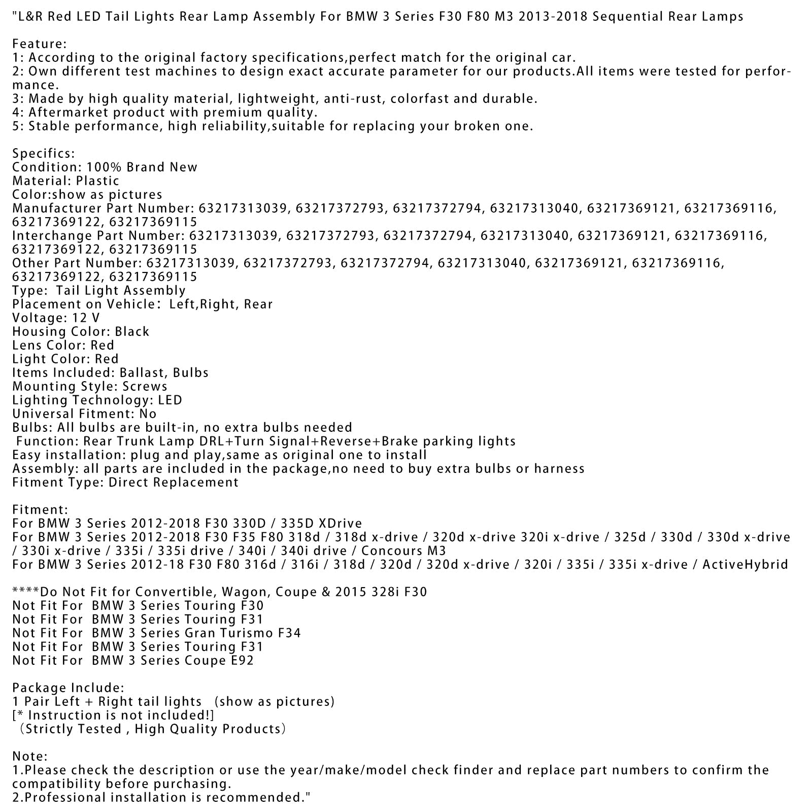 Feux arrière à LED rouges pour BMW Série 3 F30 F80 316d L&R 2012-2018, assemblage de feux arrière 63217313039 63217372793