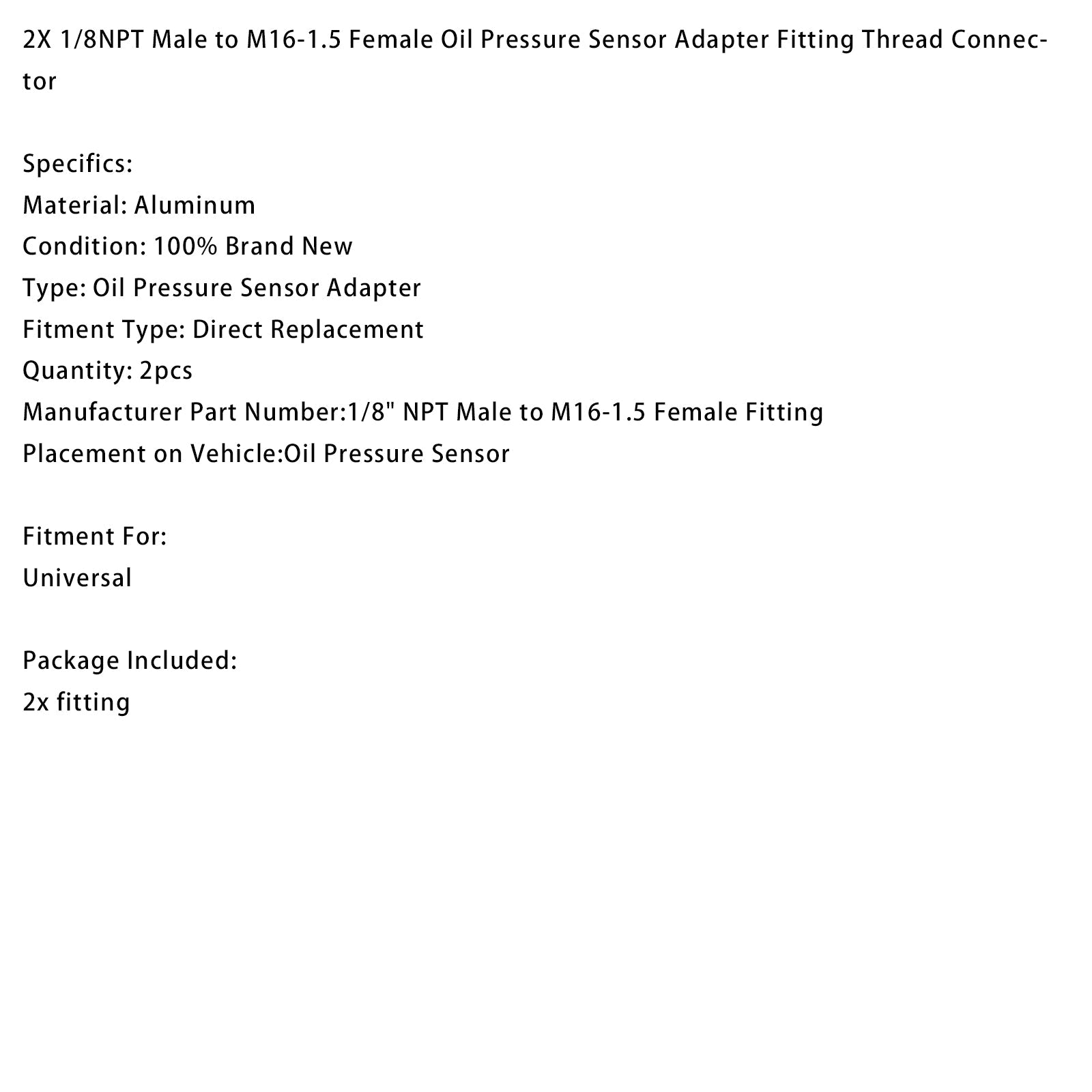Adaptador de sensor de presión de aceite 2x 1/8NPT macho a M16-1.5 hembra