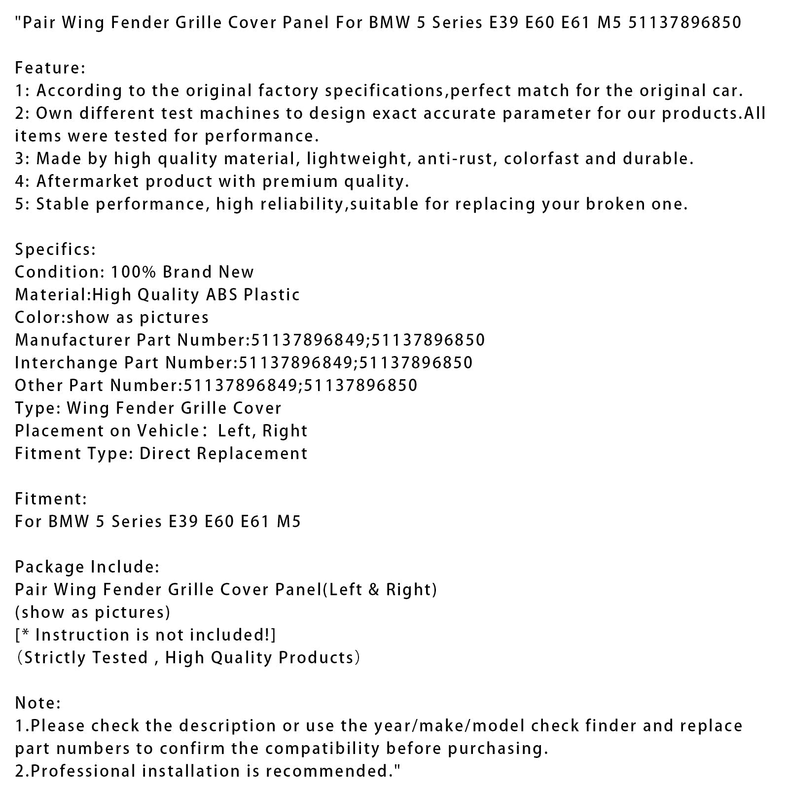 Paar grillebeschermpanelen voor BMW 5-serie E39 E60 E61 M5 51137896850