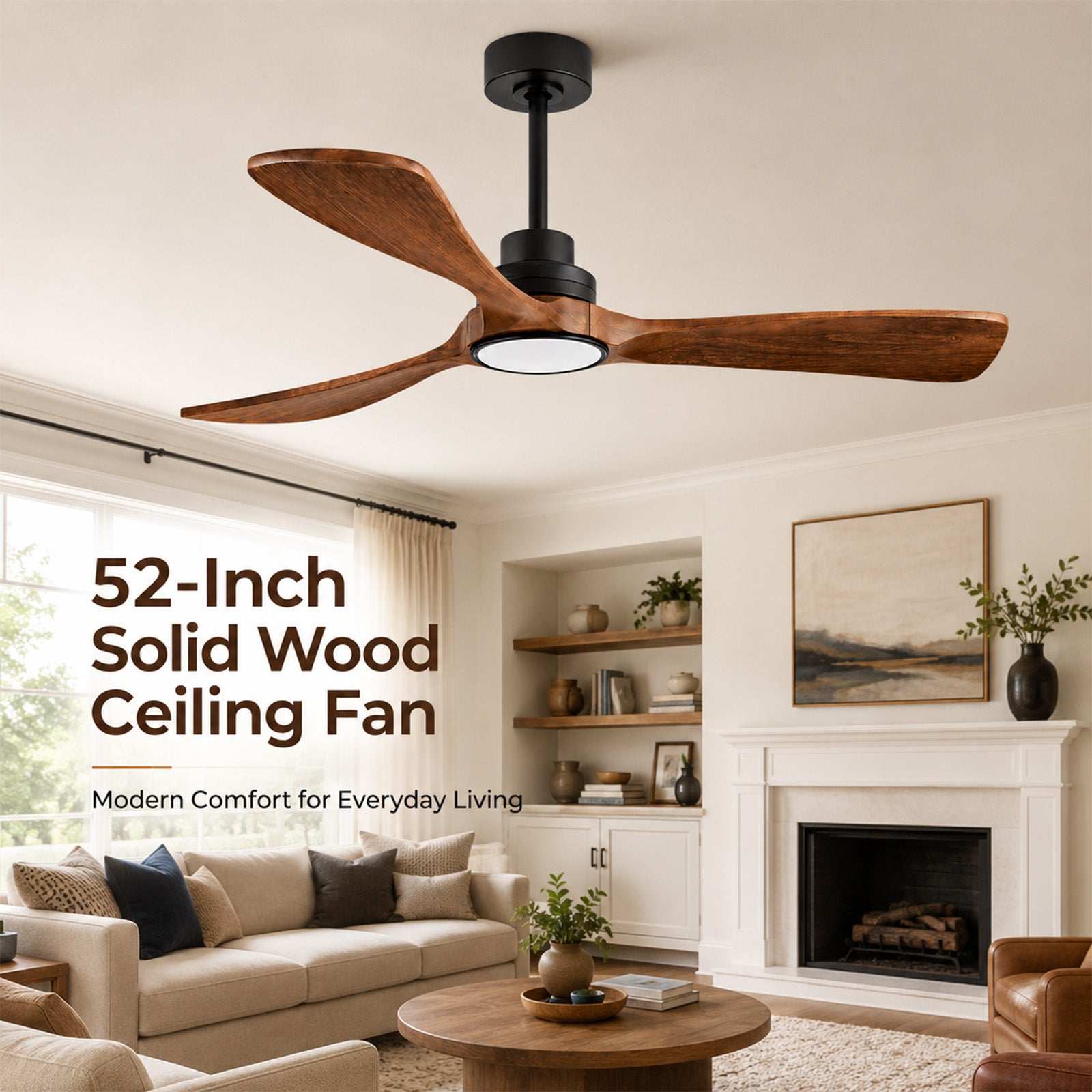 Ventilateur de Plafond Intelligent 52" avec Éclairage – Télécommande/App, Ultra Silencieux, Pales en Bois Massif