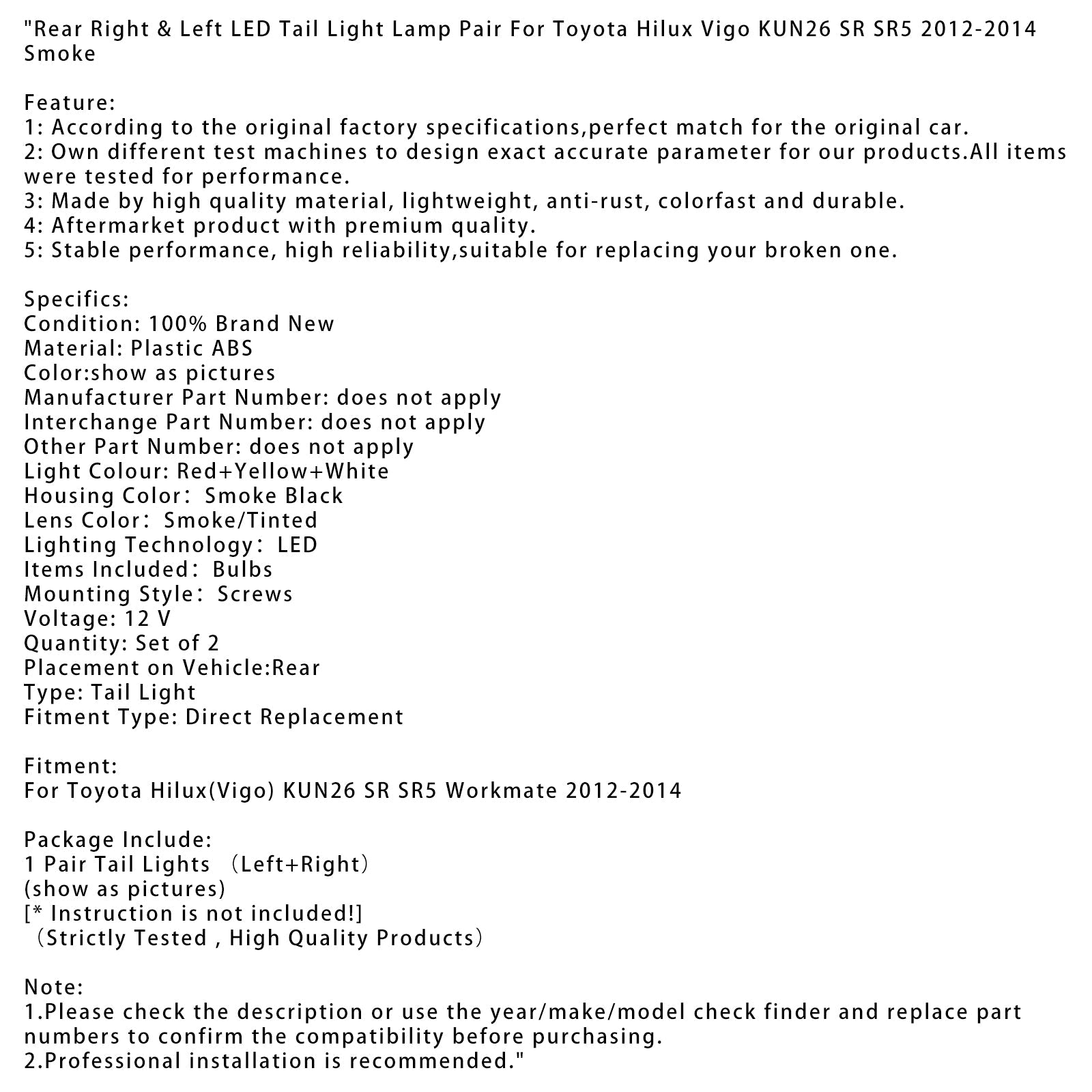 Coppia di luci posteriori a LED affumicate per Toyota Hilux Vigo Kun26 SR SR5 Workmate 2012-2014