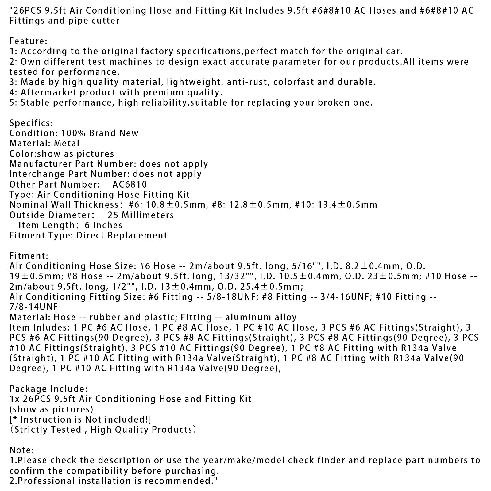 Kit de 26 tuyaux et raccords pour climatisation de 2,9 m (9,5 pi) comprenant des tuyaux de 2,9 m (9,5 pi) de tailles n° 6, 8 et 10.