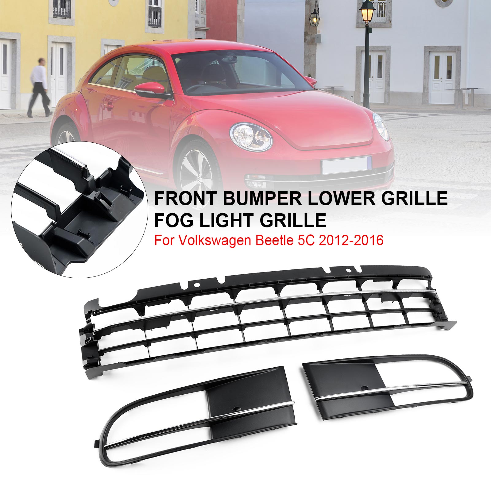 VW Beetle 2012-2016 con rejilla inferior para parachoques delantero + rejilla de luz antiniebla cromada