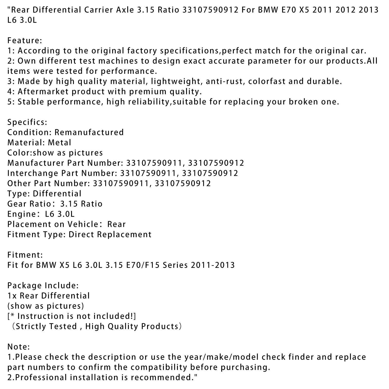 Carrier Axle Différentiel Arrière 3.15 Reconditionné pour BMW X5 L6 3.0L 2011-2013 - Remplacement Direct