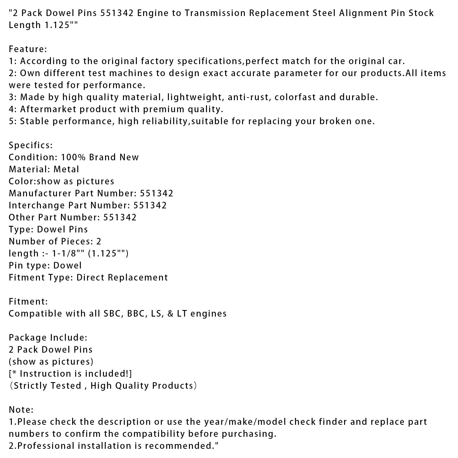 Confezione da 2 551342 Perno di centraggio, perni di allineamento motore e trasmissione in acciaio di ricambio