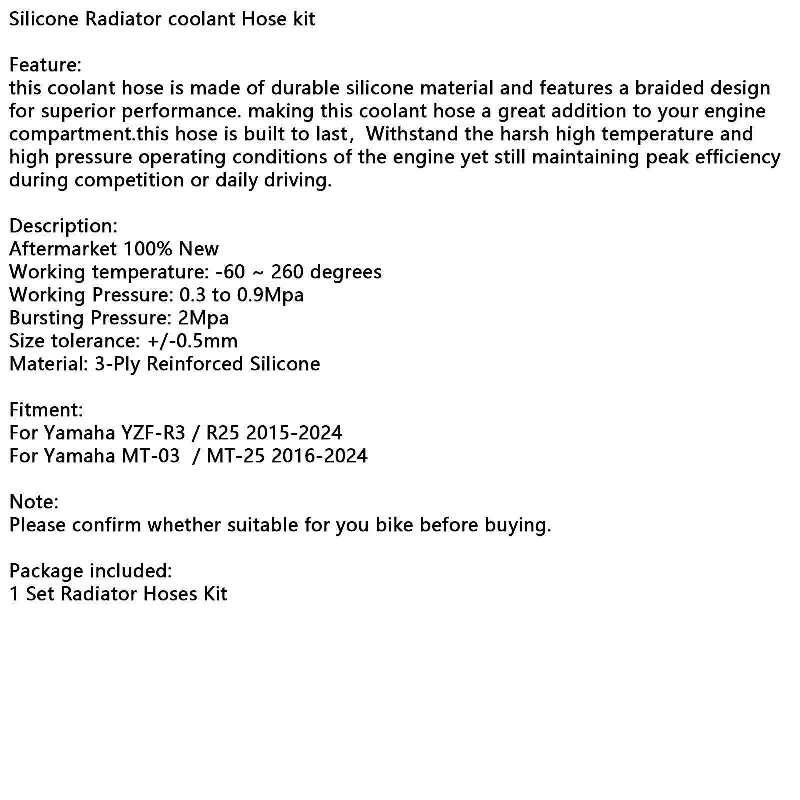 Manguera de enfriamiento de silicona para radiador Yamaha MT-03 MT-25 YZF R3 R25 2015-2024
