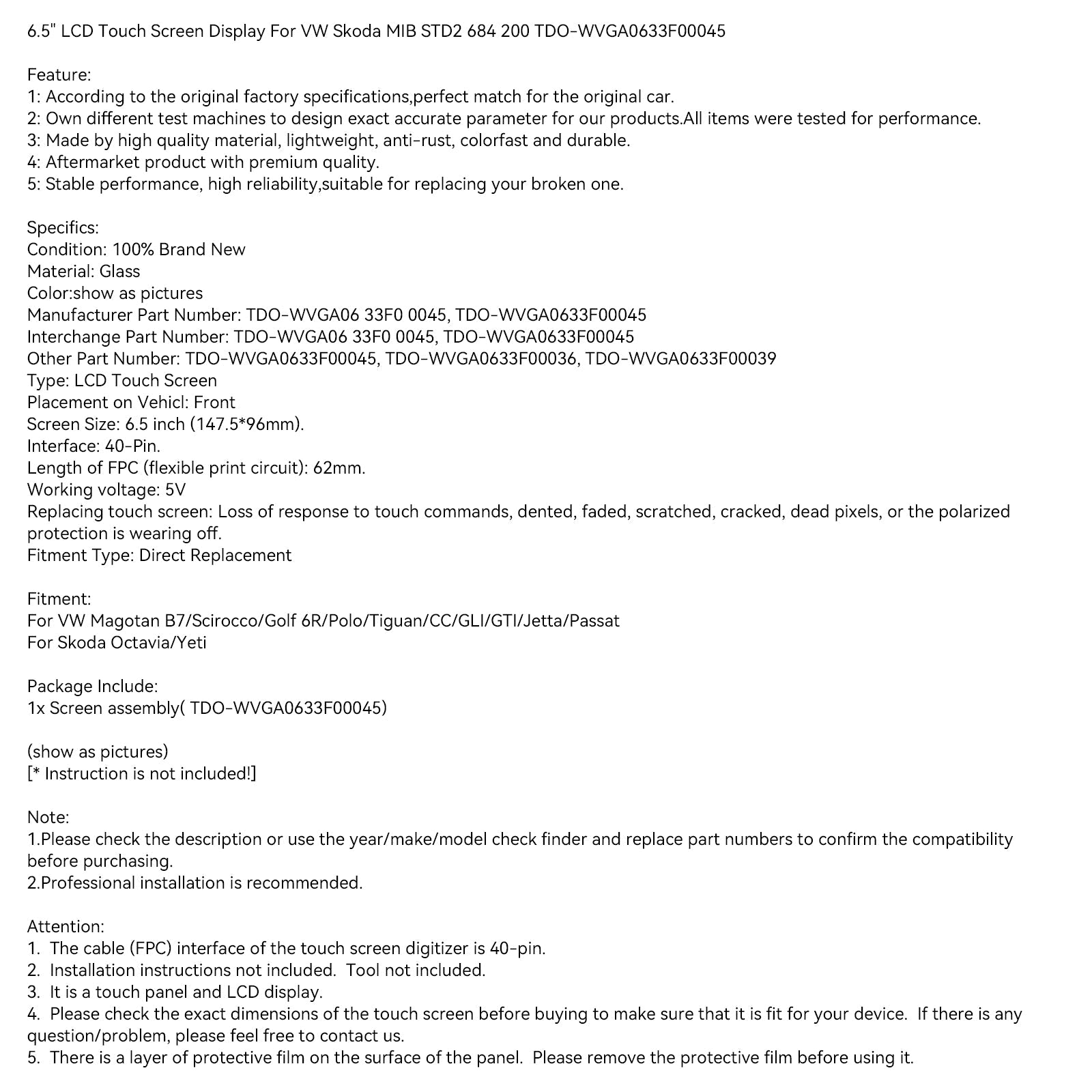 6,5-calowy ekran dotykowy LCD do VW Skoda MIB STD2 684 200 TDO-WVGA0633F00045