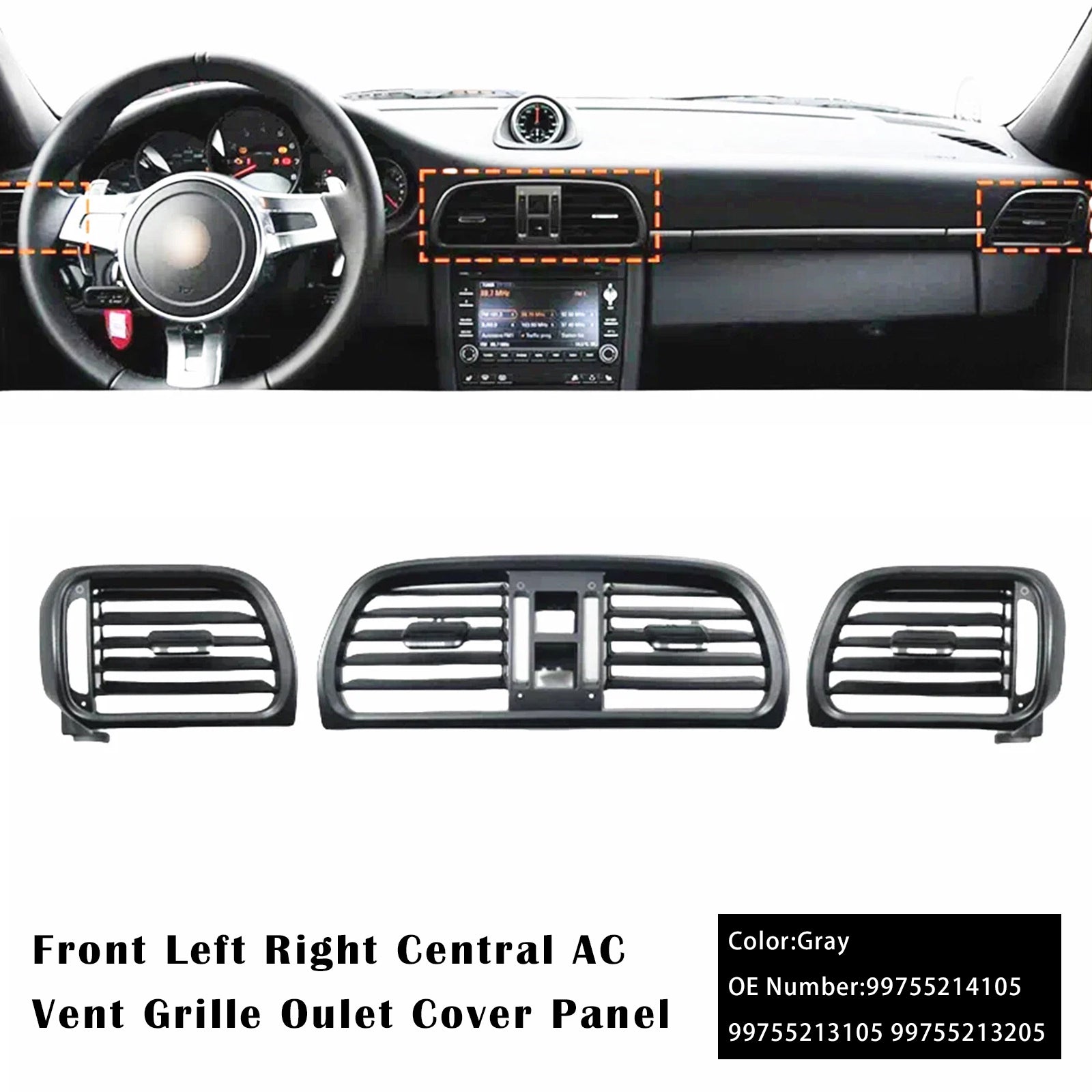 Linker/rechter middenventilatiekap, grijs, voor Porsche Carrera 997 (2004-2011) - Onderdeelnummers : 99755214105, 99755213105, 99755213205