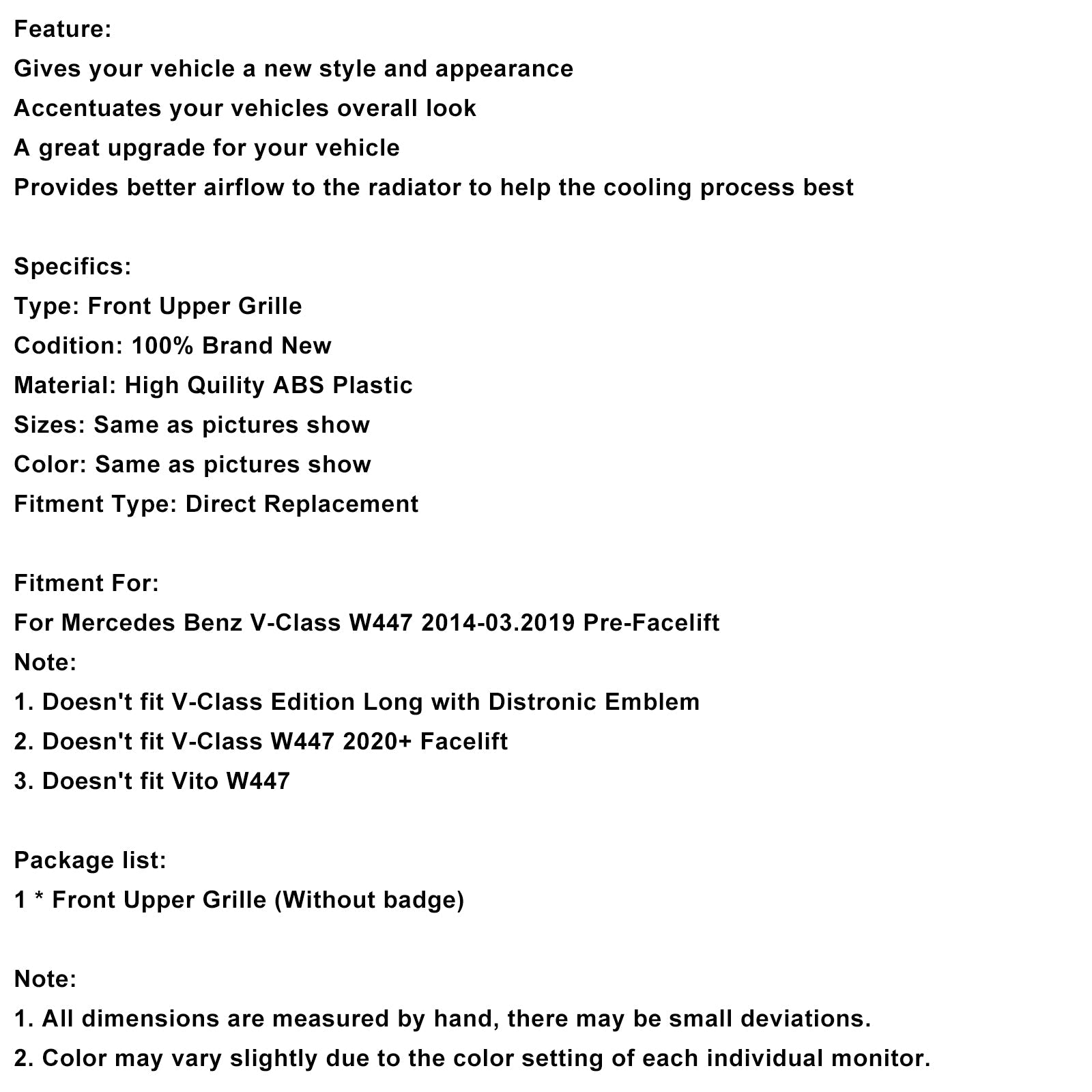 Grille de calandre supérieure avant Mercedes Benz Classe V W447 2014-03.2019