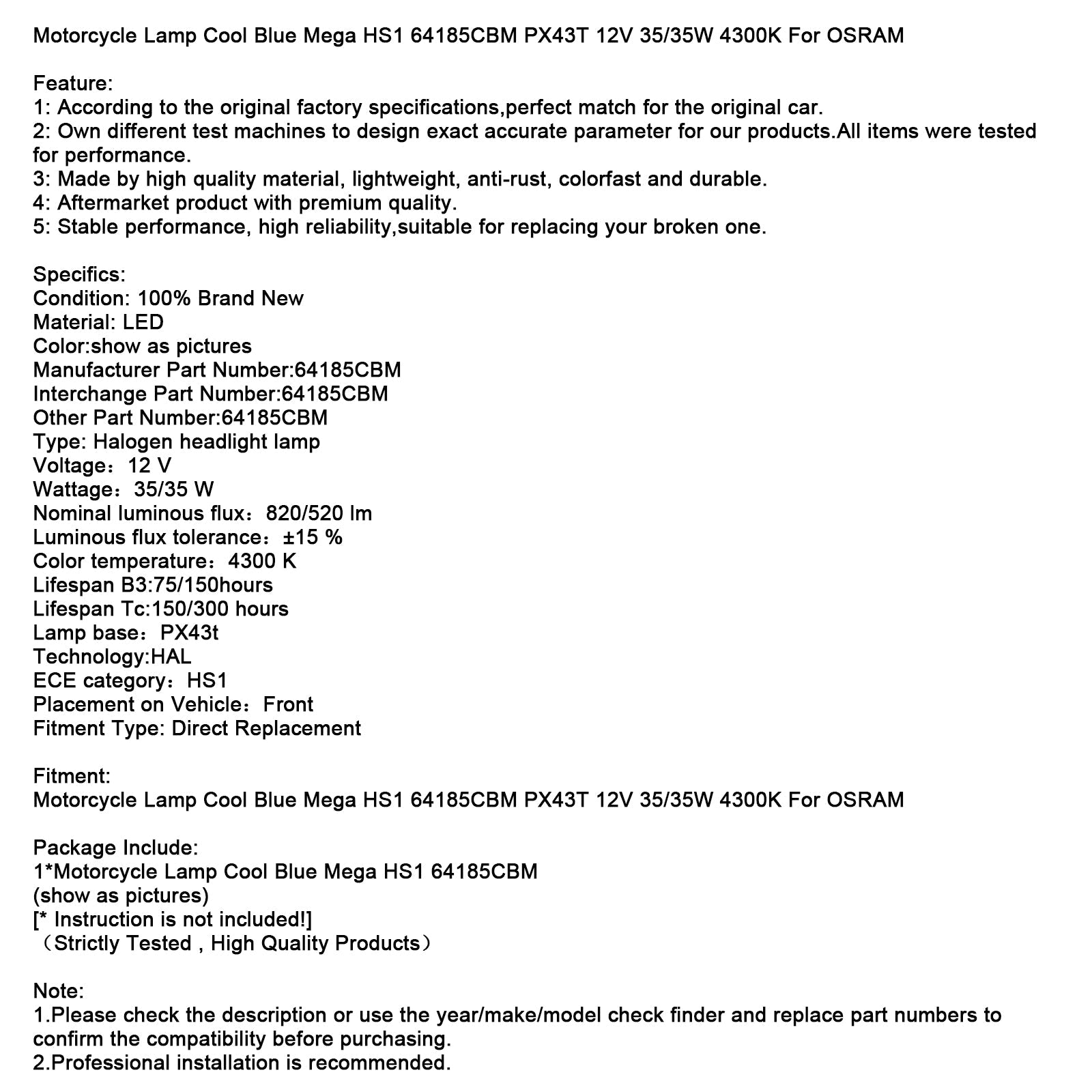 Fresco blu mega motocicletta fuoco hs1 64185cbm px43t 12 v 35/35 w 4 300 K per Osram