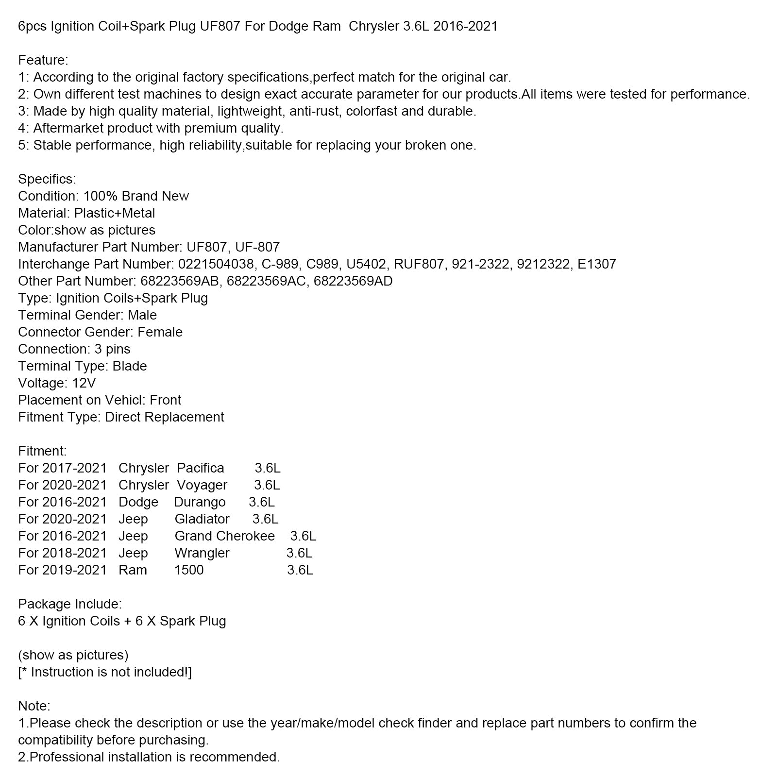 6 sztuk cewka zapłonowa + świeca zapłonowa UF807 dla Dodge Ram Chrysler 3.6L 2016-2021