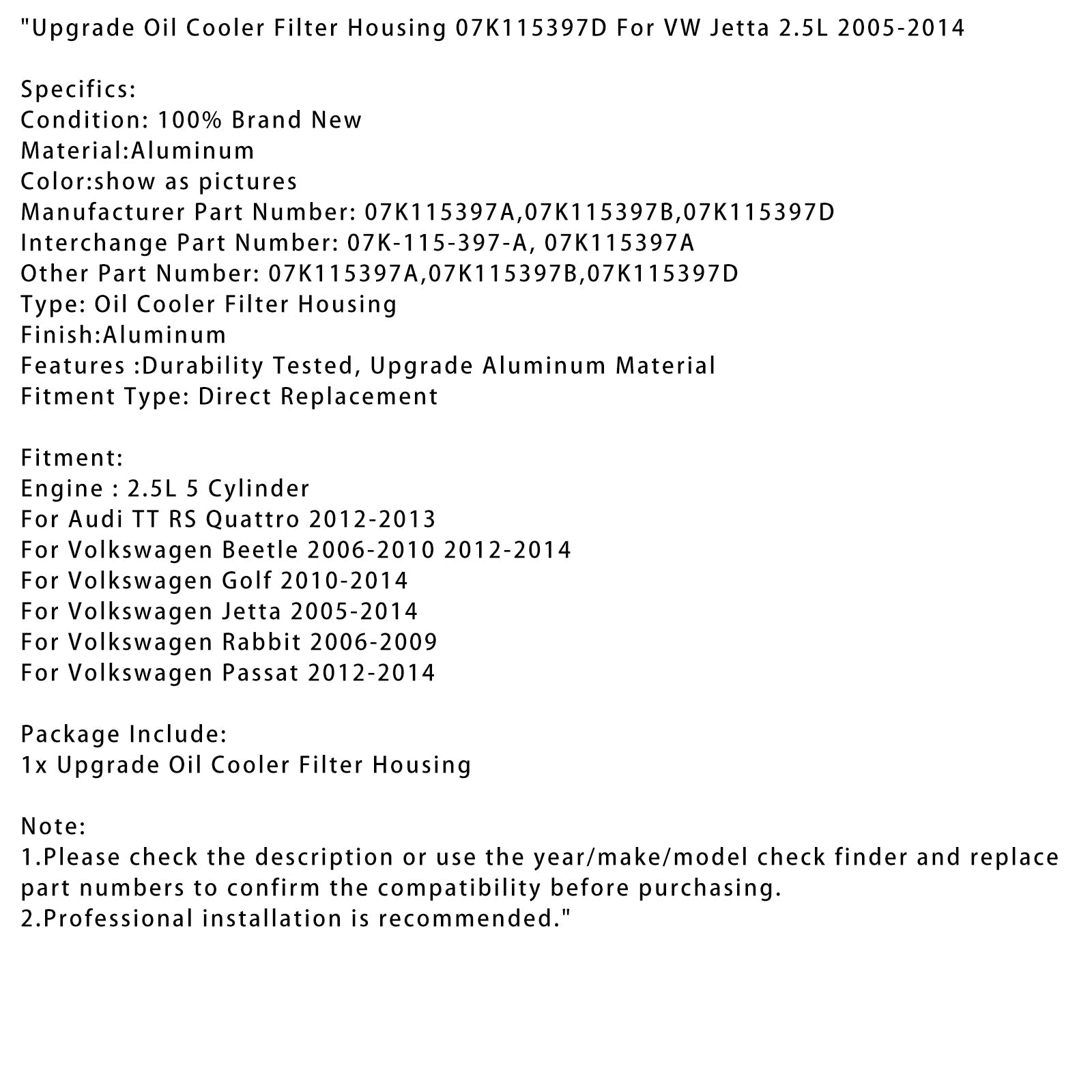 Posodobitev ohišja filtra za olje za Volkswagen Passat 5L 5 valjev 2012-2014 07K115397D 07K115397A