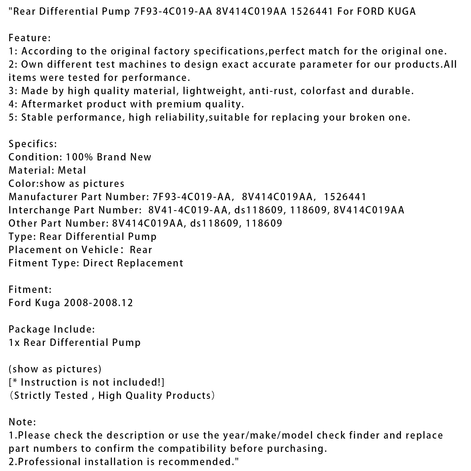 Różnicowa tylna pompa Ford Kuga 2008-2008.12 7F93-4C019-AA 8V414C019AA 1526441