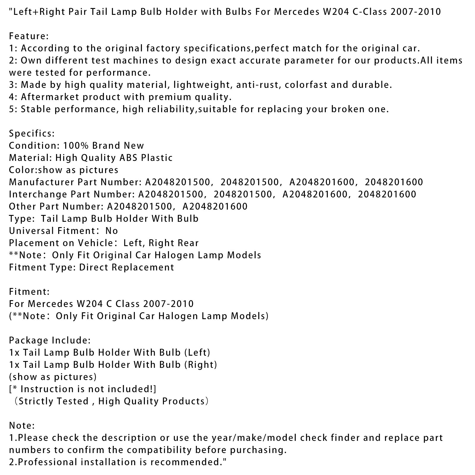 Portalampada posteriore sinistro e destro con lampadine per Mercedes W204 Classe C 2007-2010