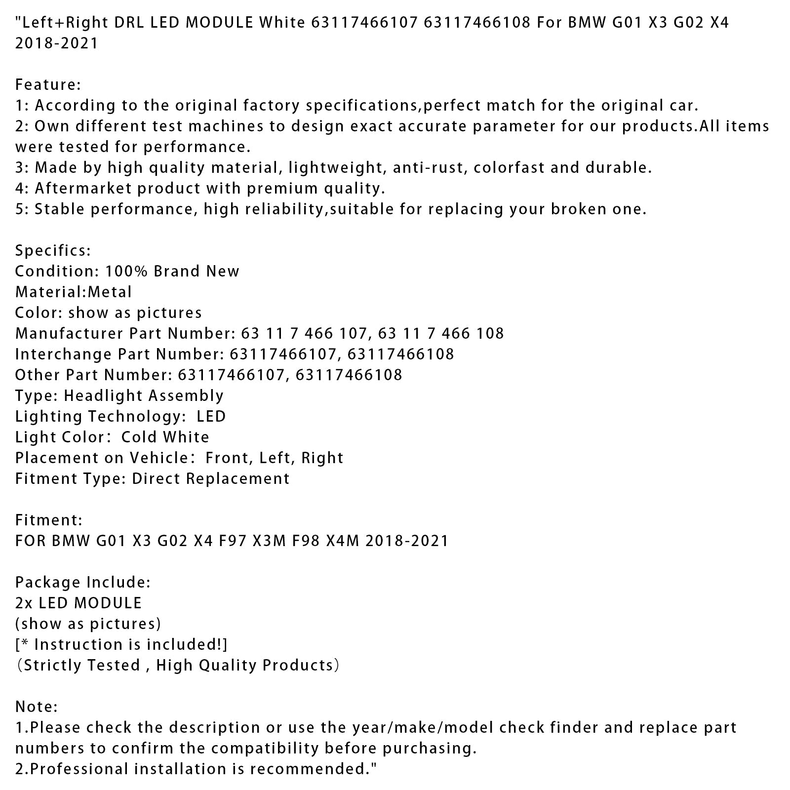 Moduł LED DRL GAUCHE ET Law Blanc 63117466107 63117466108 dla BMW G01 x3 G02 x4 F97 X3M F98 X4M 2018-2021