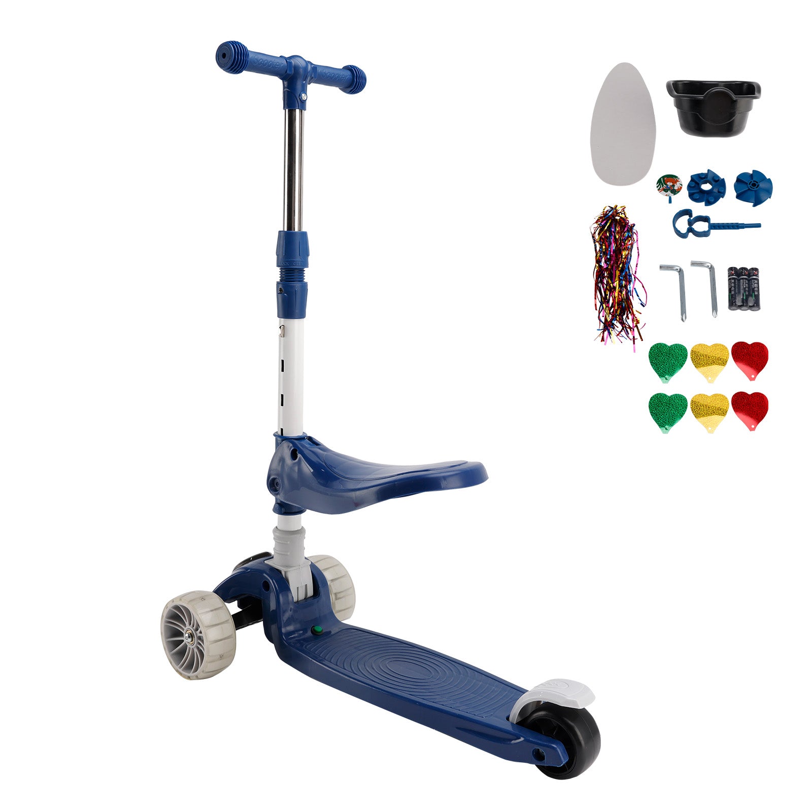 Trottinette Enfant 2 en 1 - Siège Pliable - Lumière - 3 Roues - Barre Réglable et Pliante - Bleu