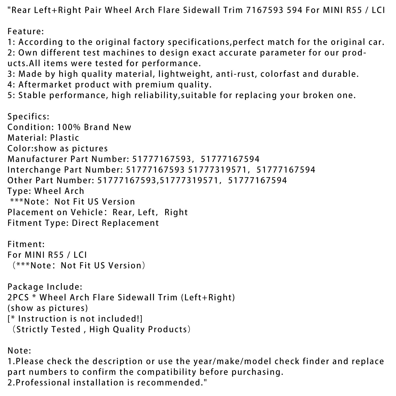 Coppia di raccordi per ruote posteriori posteriori e destro per Mini R55 7167593 594