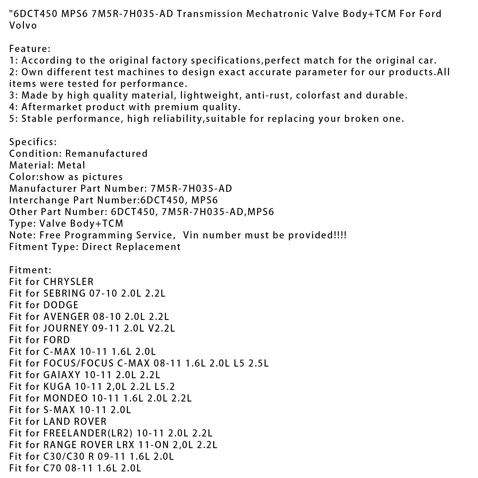 Mekatroninen venttiililohko + vaihteiston ohjausmoduuli (TCM) 6DCT450 MPS6 7M5R-7H035-AD Ford Focus/Focus C-Max 1.6L, 2.0L, L5 ja 2.5L (2008-2011)