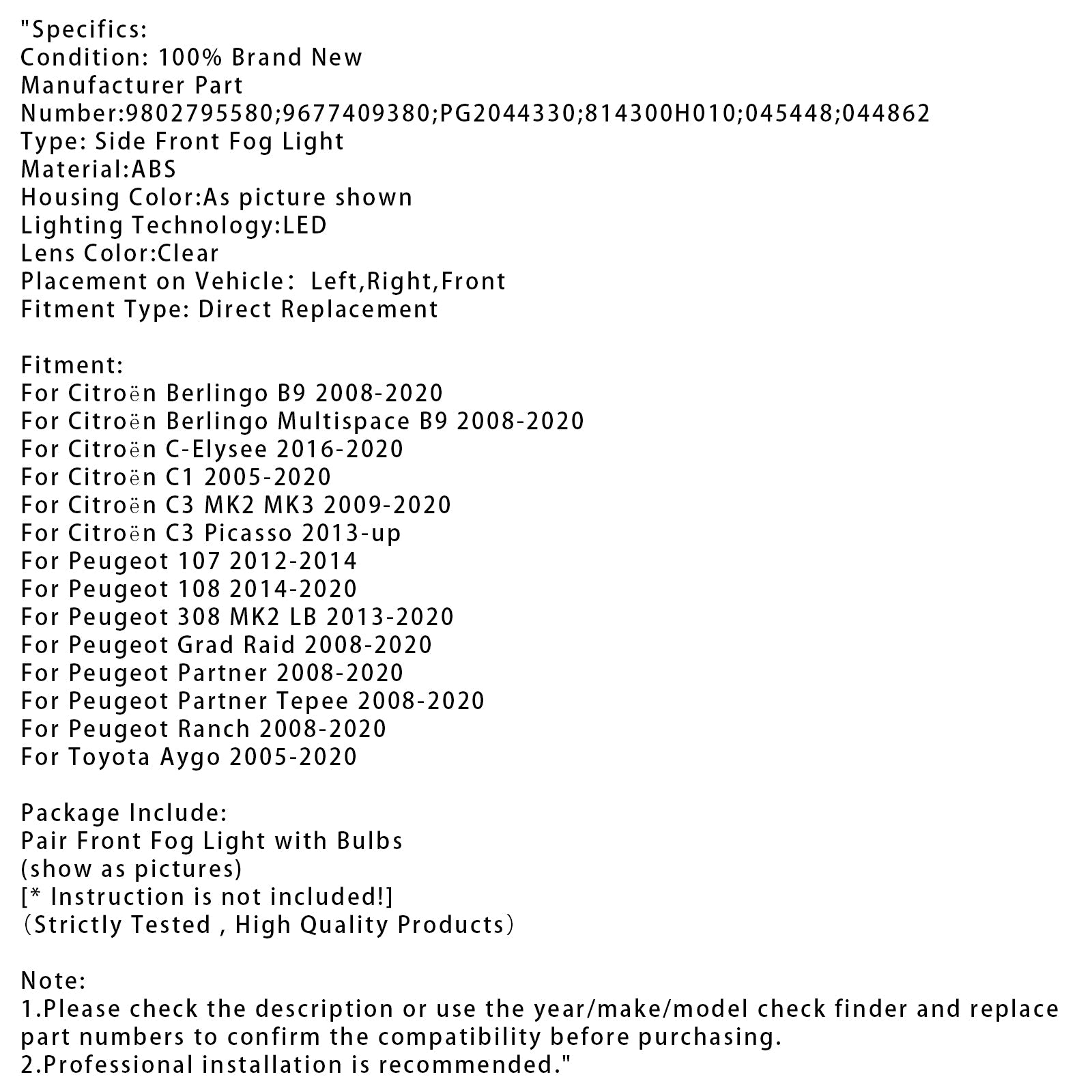 Para diodowych świateł mgły dla Citroën C3 Berlingo Peugeot 9802795580