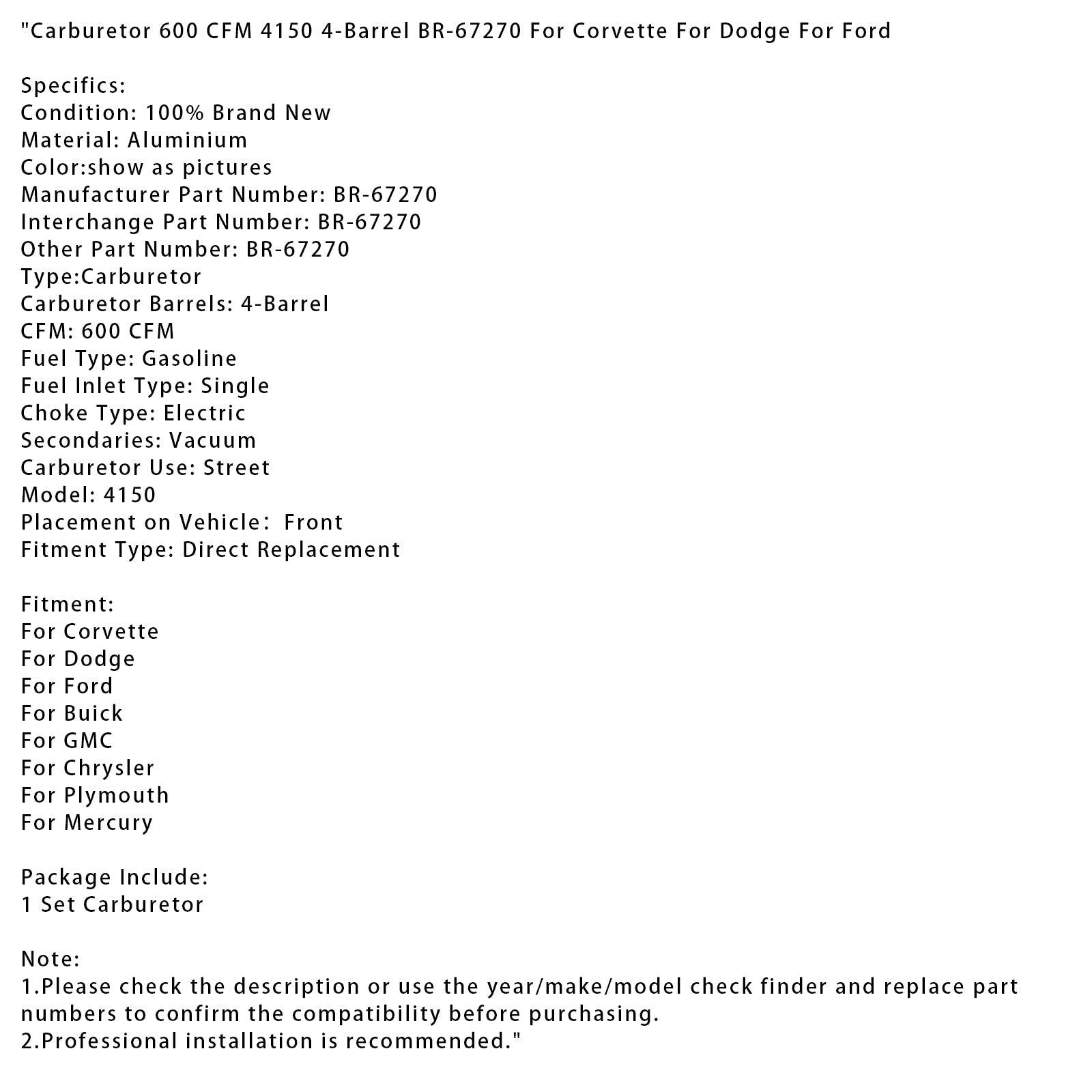 Carburateur 600 CFM 4150 4-Barrel BR-67270 pour Corvette pour Dodge pour Ford