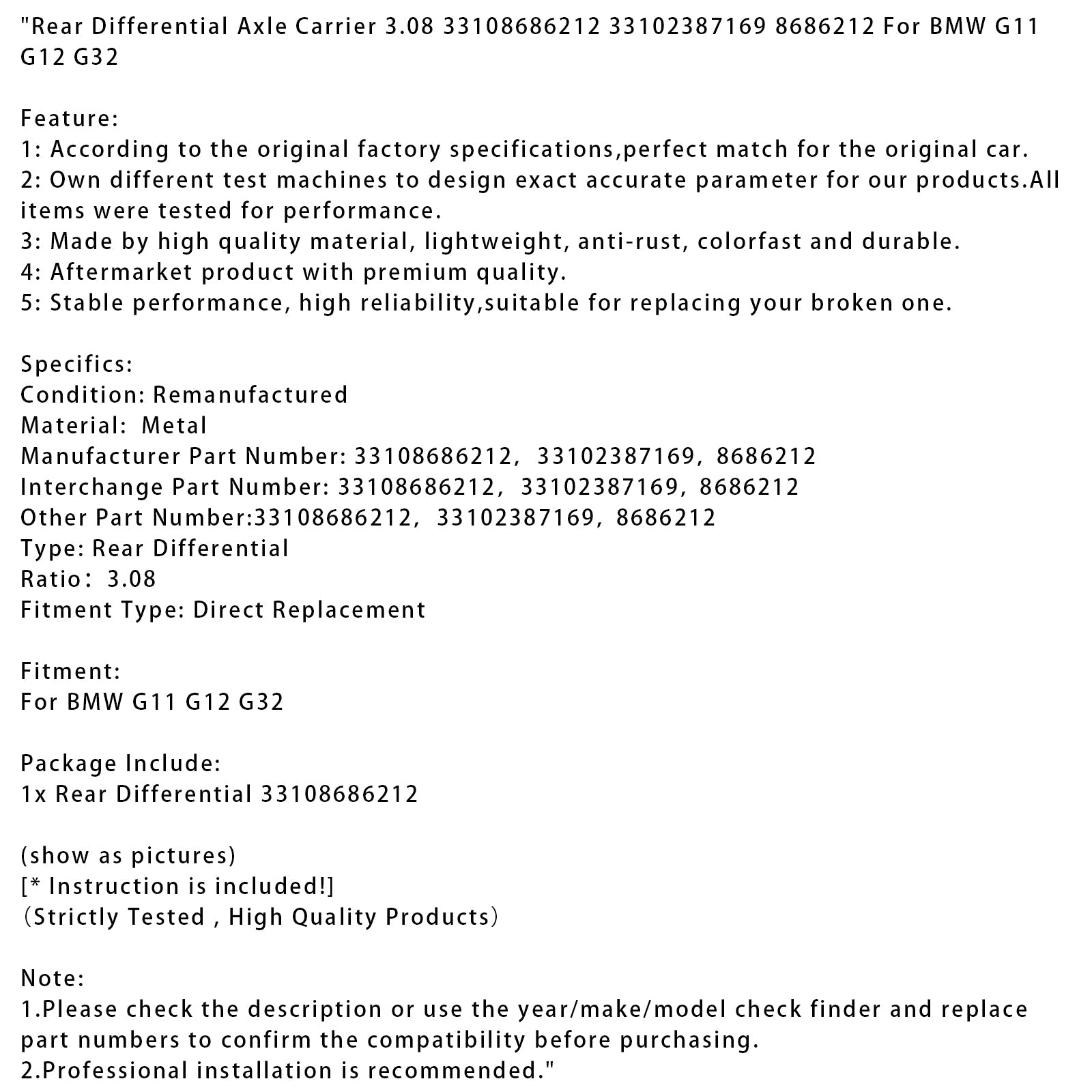 Apoyo d'eje diferencial trasero BMW G11 G12 G32 3.08 33108686212 33102387169