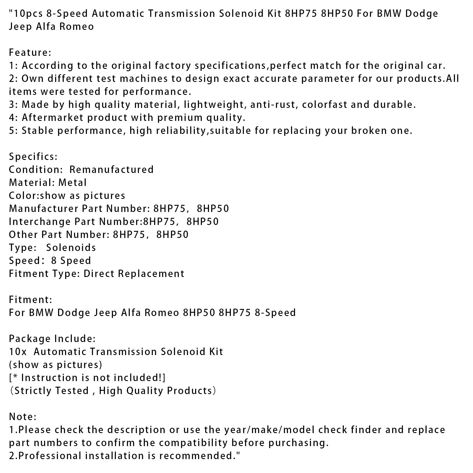 Automaattivaihteiston solénoidisarja 8 nopeutta 10 nopeutta 10 kappaletta 8hp75 8hp50 BMW: lle DODGE: lle Jeep for Alfa Romeolle