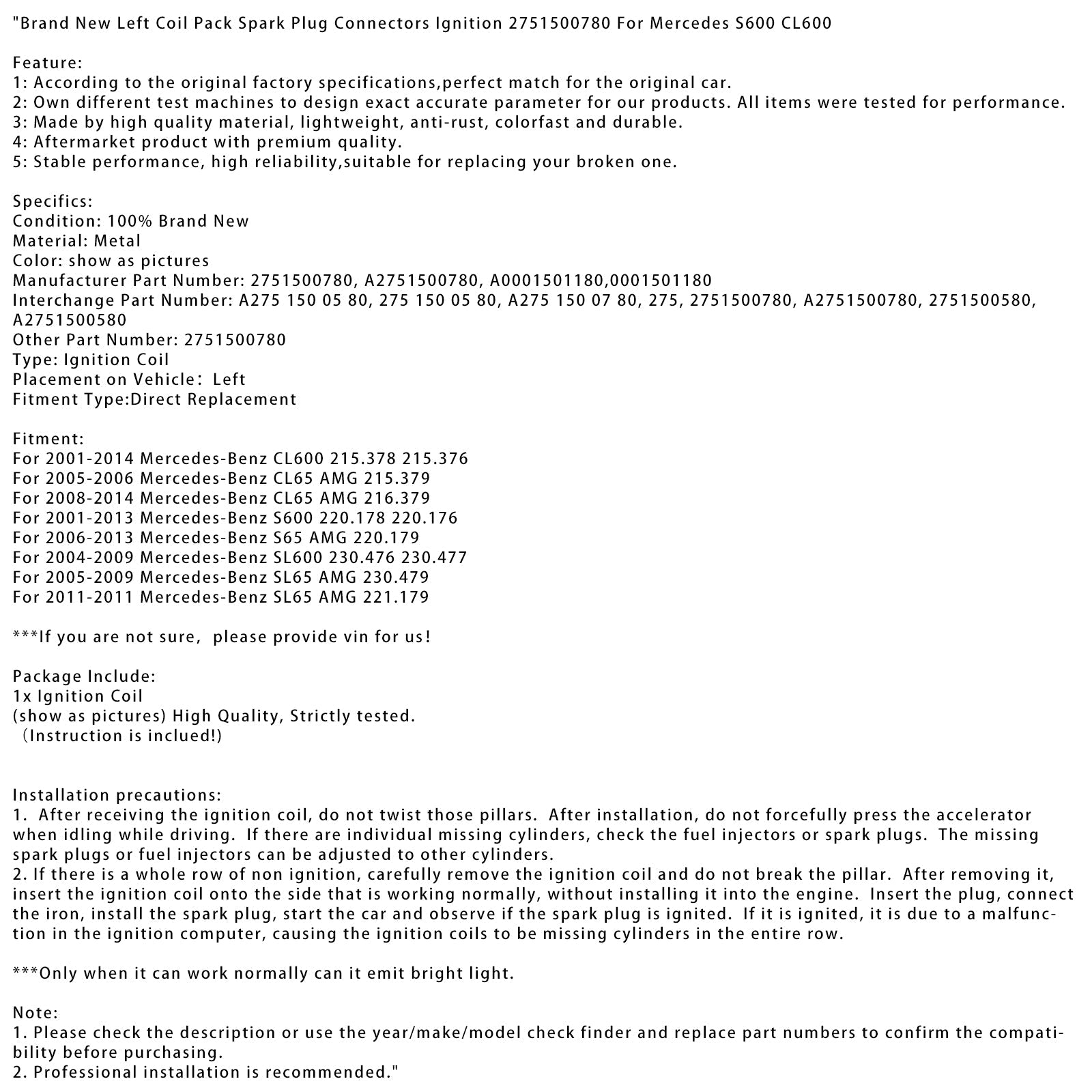 Lewa cewka zapłonowa Mercedes CL600 2001-2014 215.378/376 A0040103003 A2751500480