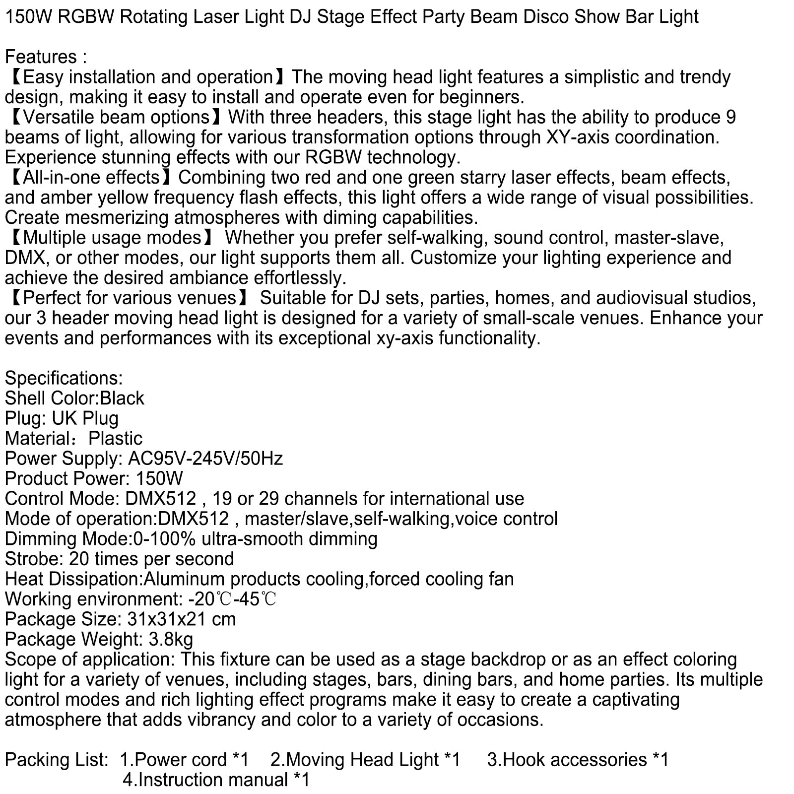 Rotacyjne światło laserowe 150 W RGBW dla DJ -a, efekt sceny, wiązka imprezowa, klub nocny, pokaz, lekki bar