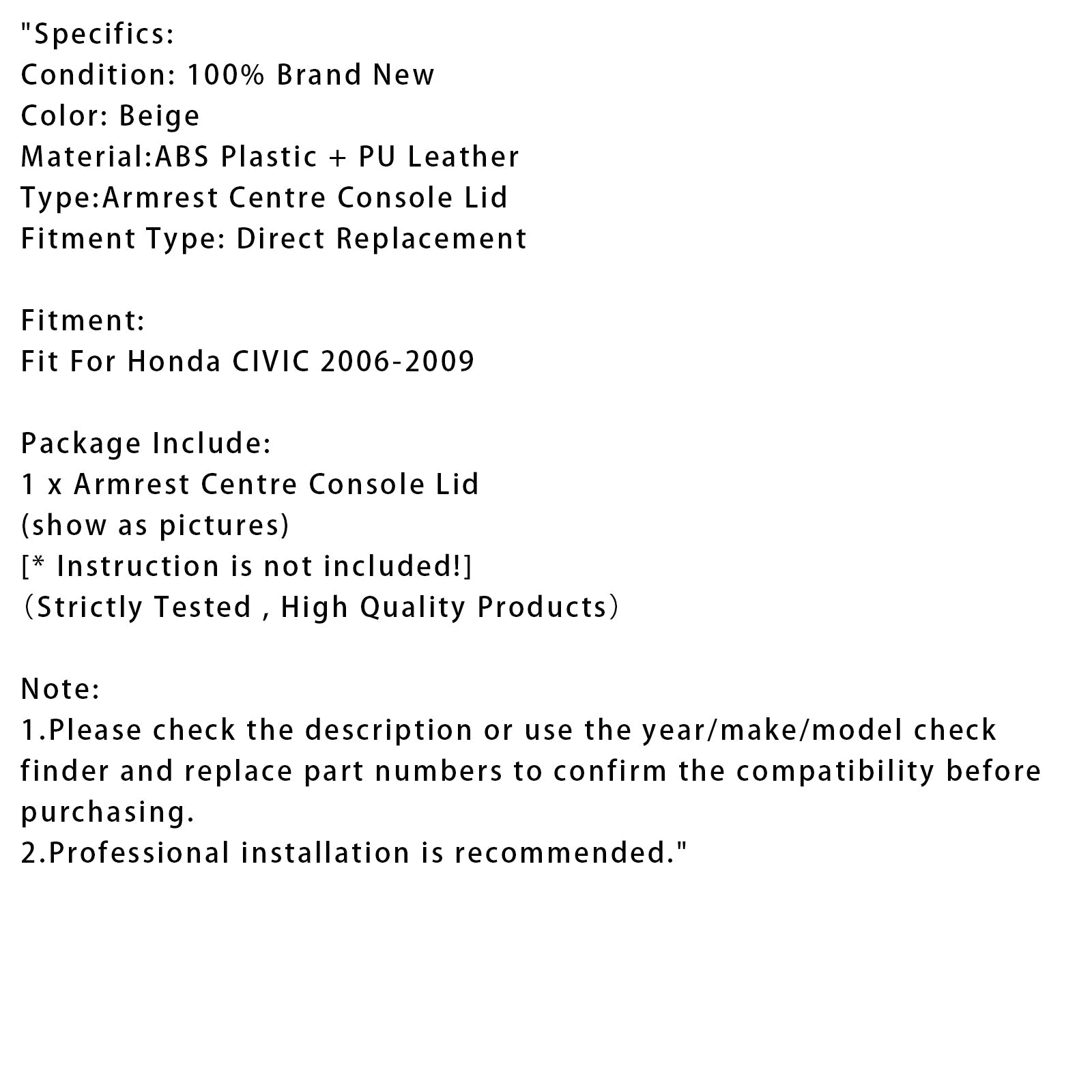 Couvercle de console centrale d'accoudoir en cuir beige pour Honda Civic 2006-2009