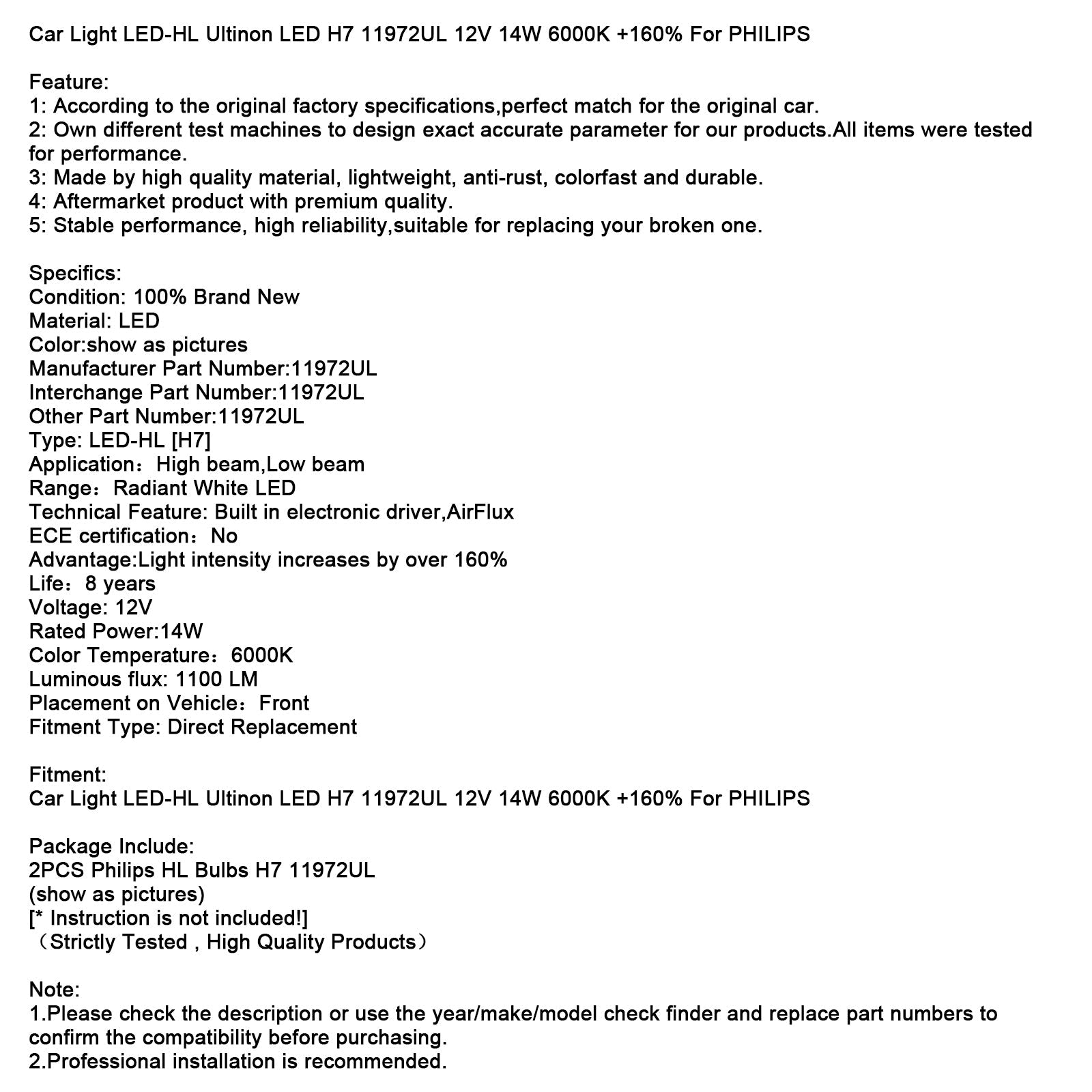 LED-HL Ultinon LED H7 11972UL Light Car 12V 14W 6000K +160% per Philips