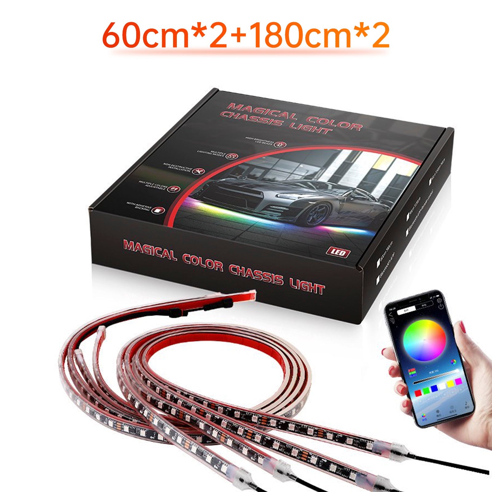 Juego de 4 luces LED para chasis, con controlador'Aplicación Luz Ambiental Fantasía (60 cm x 2 + 180 cm x 2)