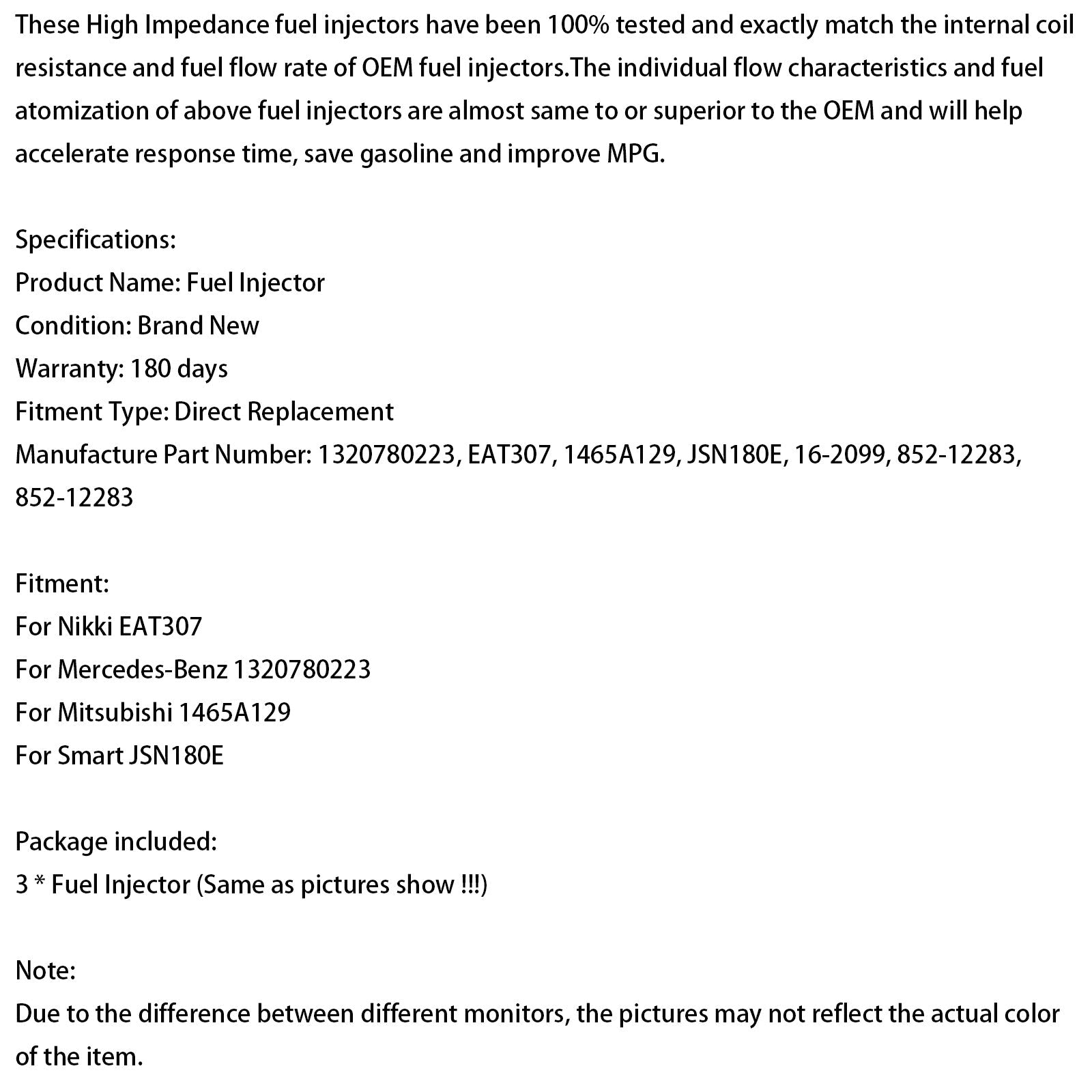 Wtryskiwacz paliwa Eat307 1465a129 dla Smart Fortwo 1.0L 2008-2015 (3 sztuki)