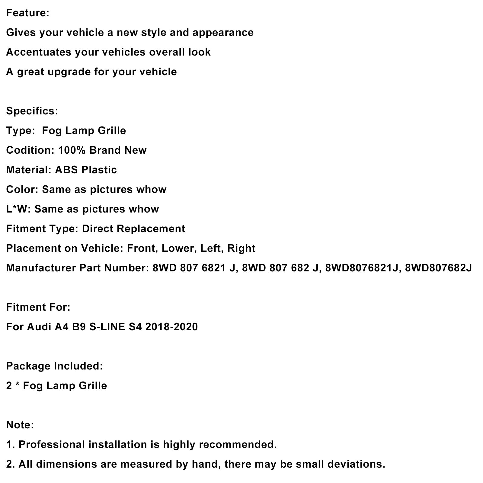 Dorneje de rejilla de relámpago de niebla negra para Audi A4 B9 S-Line S4 2018-2020