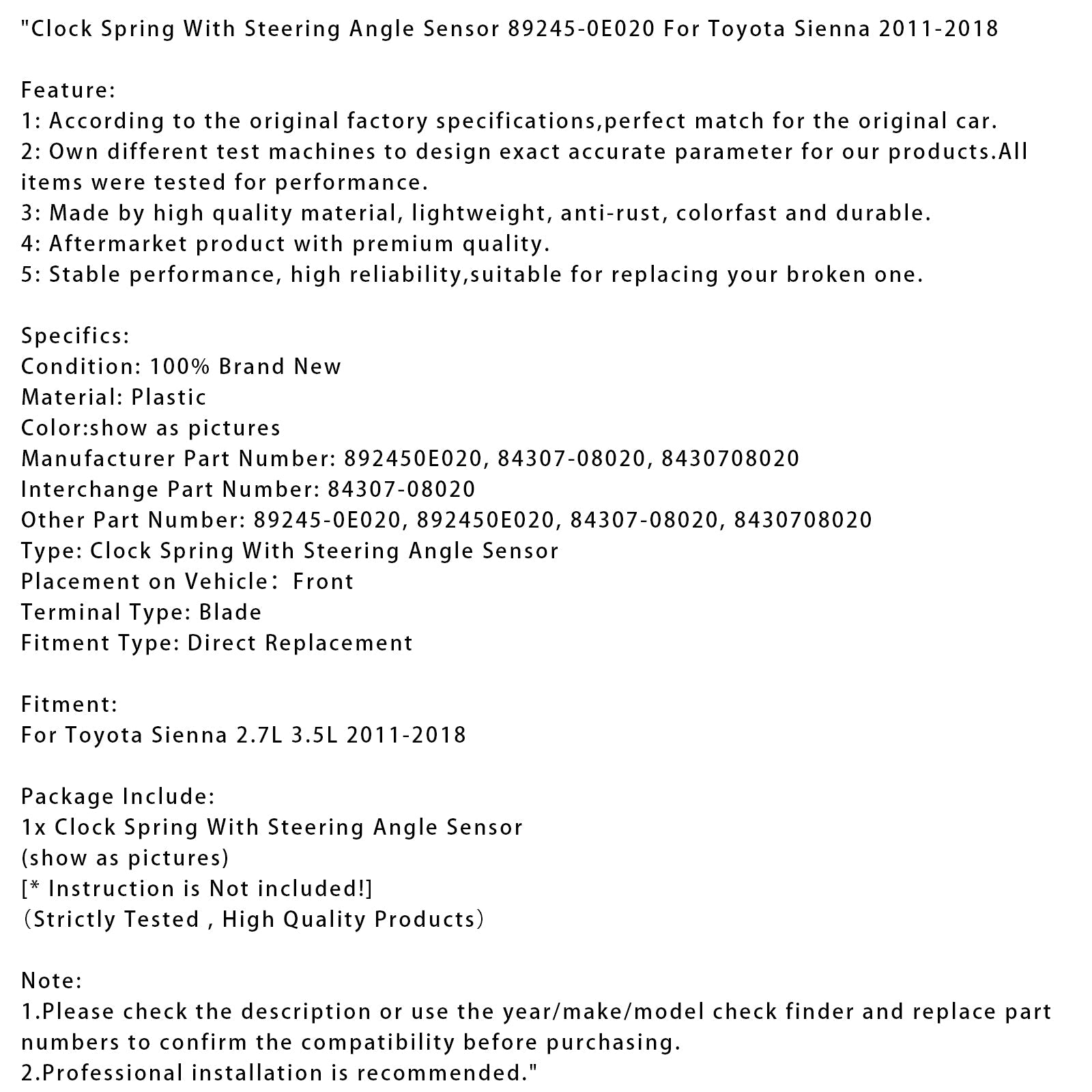 Molla di ritorno con sensore dell'angolo di sterzata per Toyota Sienna 2011-2018 (codice articolo 89245-0E020)