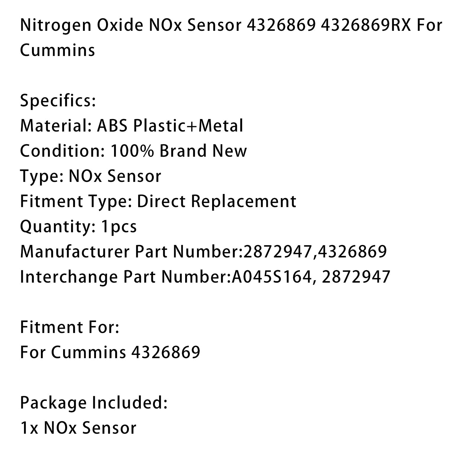 Sensor'óxido d'nitrógeno (NOx) Cummins 4326869 4326869RX
