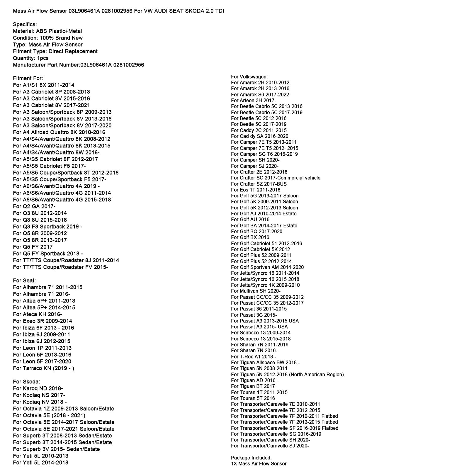 Stroomsensor d'luchtmassa 03L906461A 0281002956 voor VW, AUDI, SEAT, SKODA 2.0 TDI