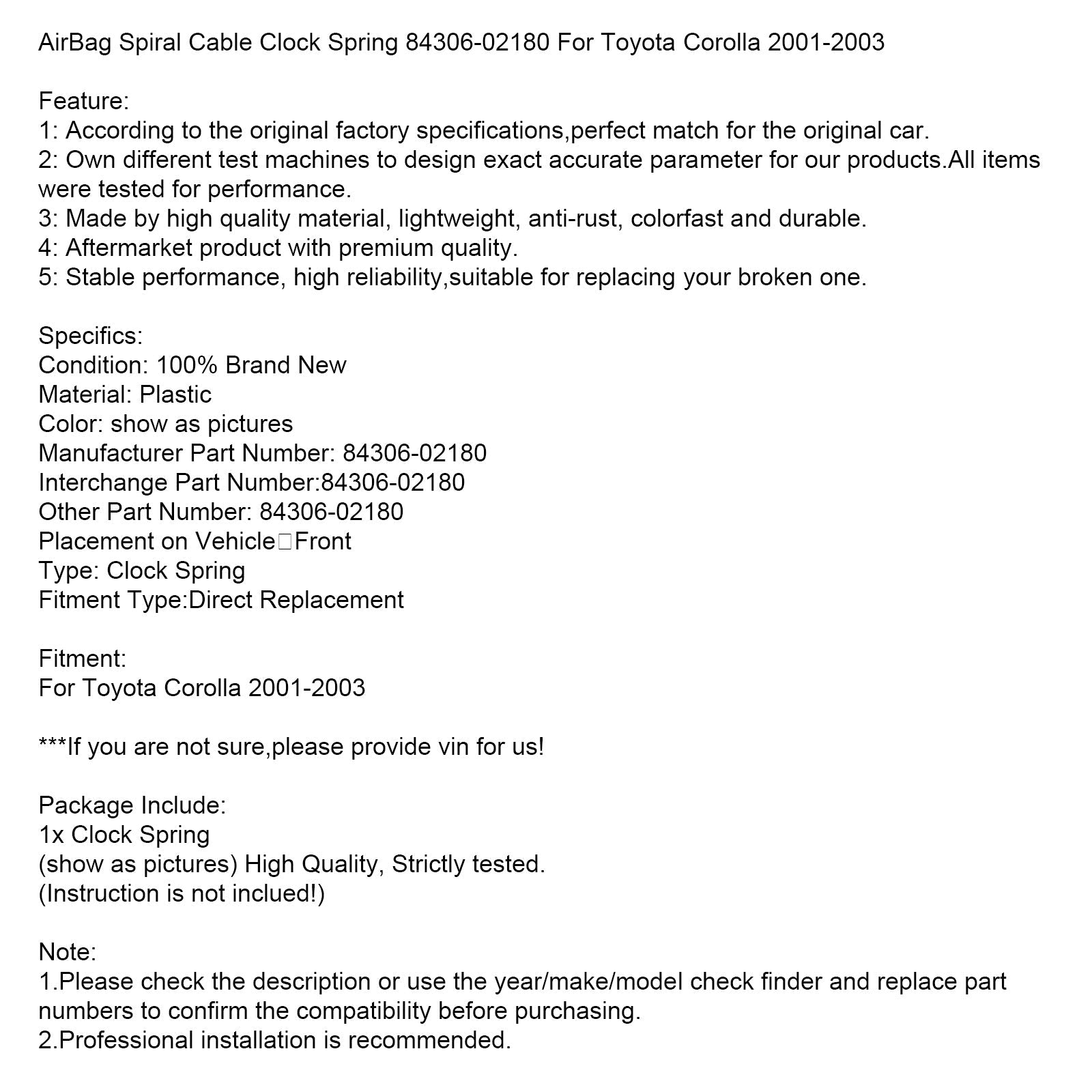 Resorte de reloj con cable espiral para airbag Toyota Corolla 2001-2003 84306-02180