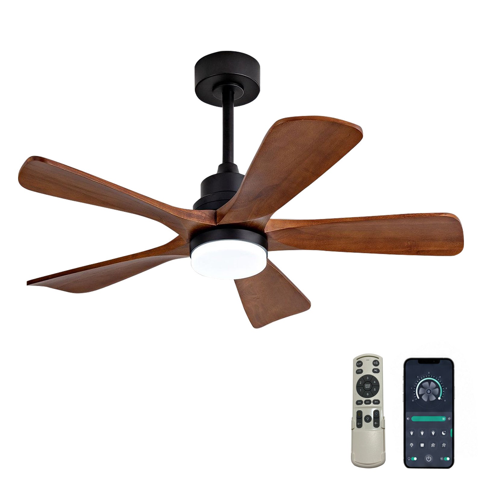 Ventilateur de Plafond Silencieux 60" avec Éclairage – Pales en Bois Massif pour Grandes Pièces, Télécommande/App