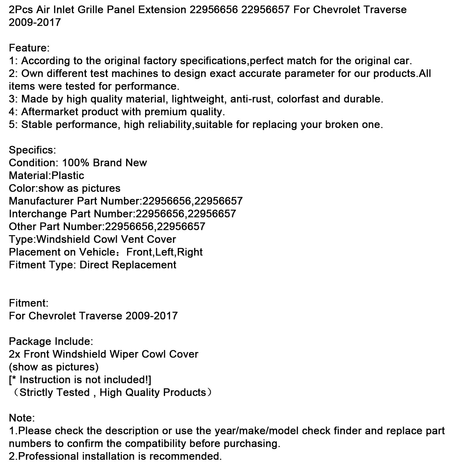 Estensione del pannello della griglia di aspirazione dell'aria (2 pezzi) per Chevrolet Traverse 2009-2017 (22956656 22956657)